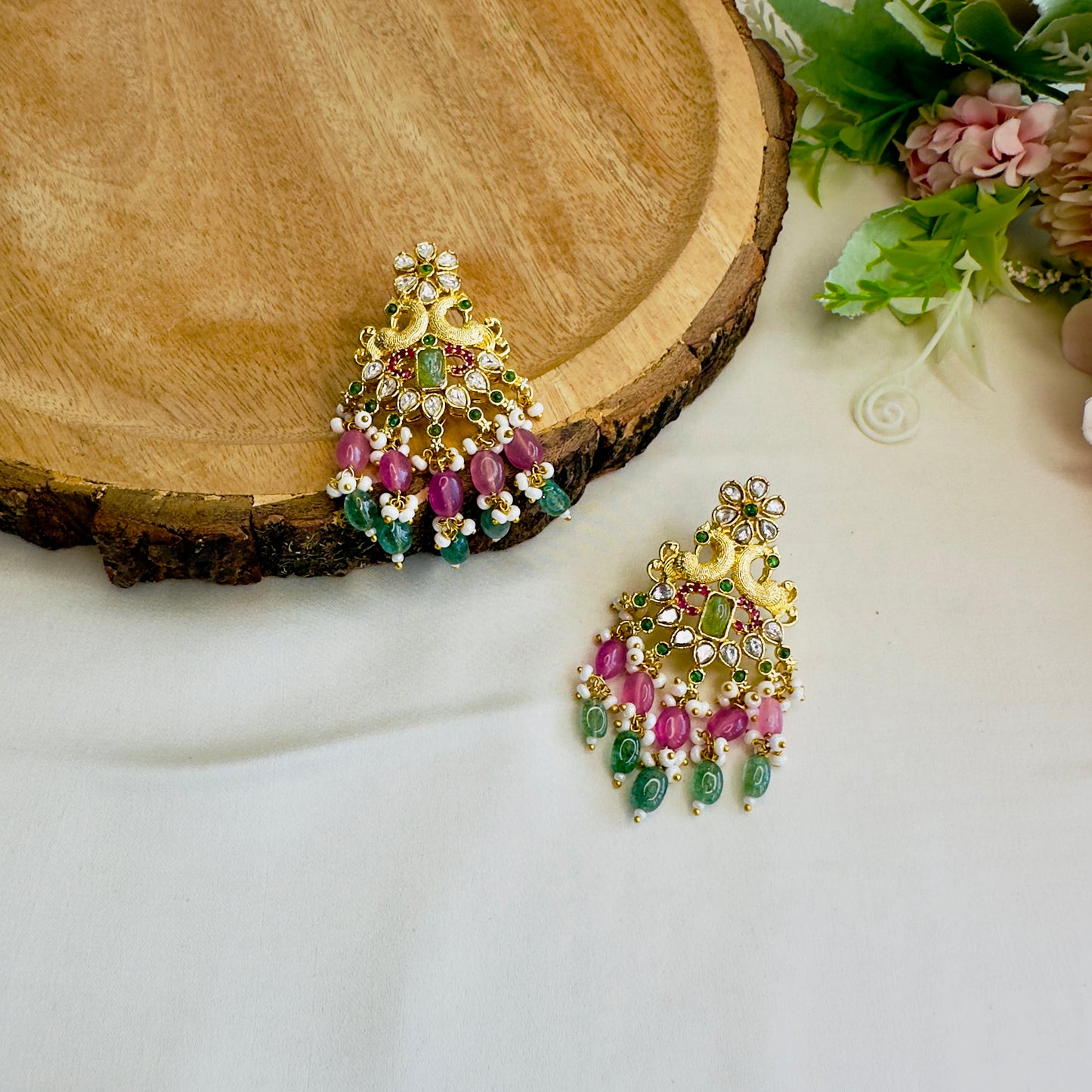 Mint Pink Peacock Design Pendant Necklace Set