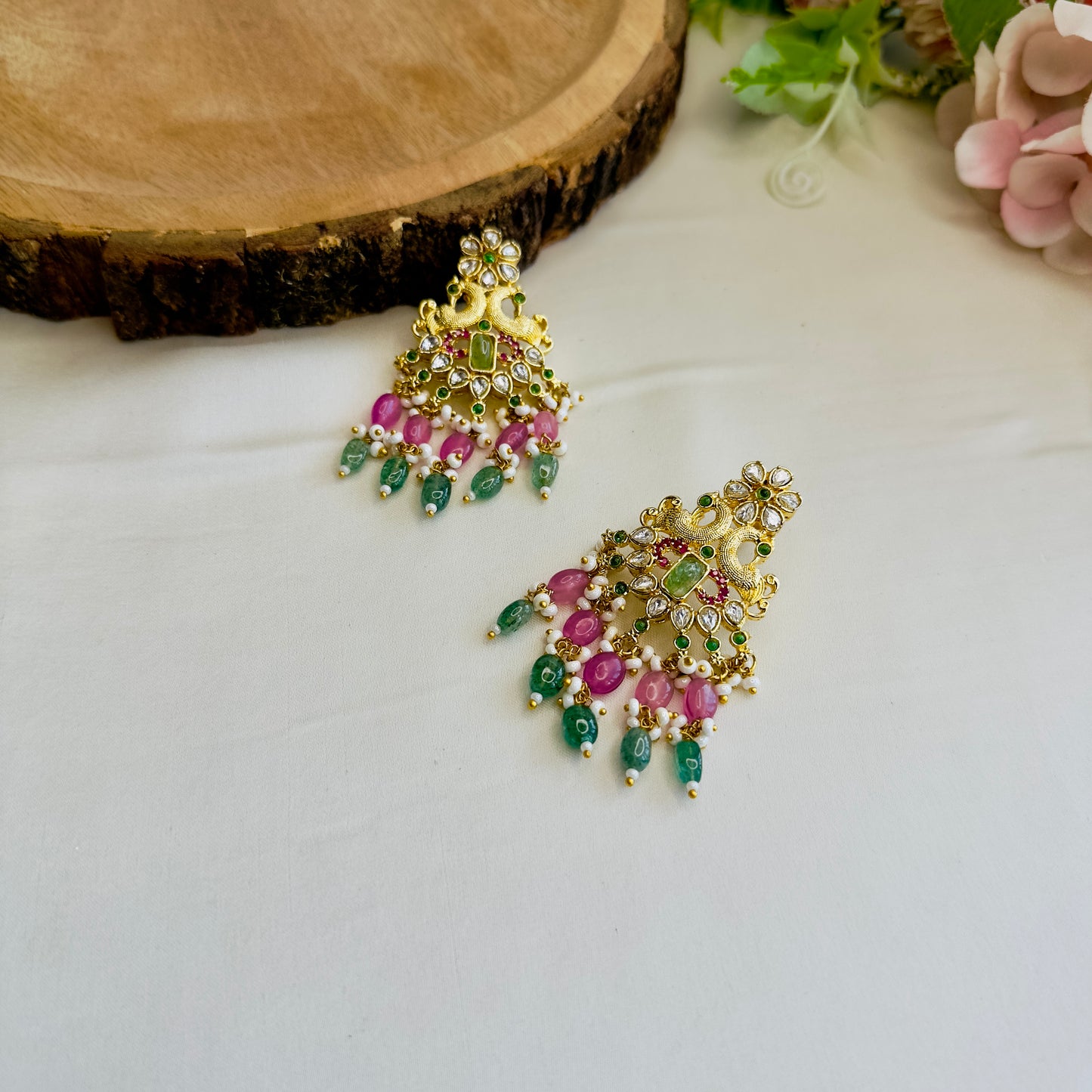Mint Pink Peacock Design Pendant Necklace Set