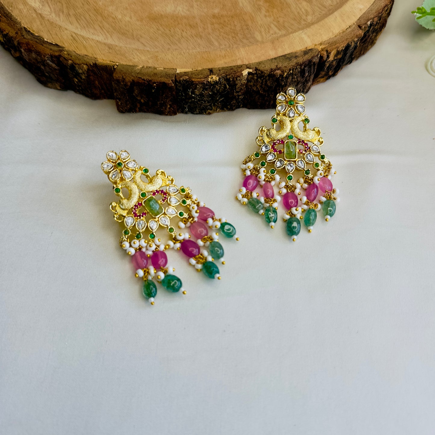 Mint Pink Peacock Design Pendant Necklace Set