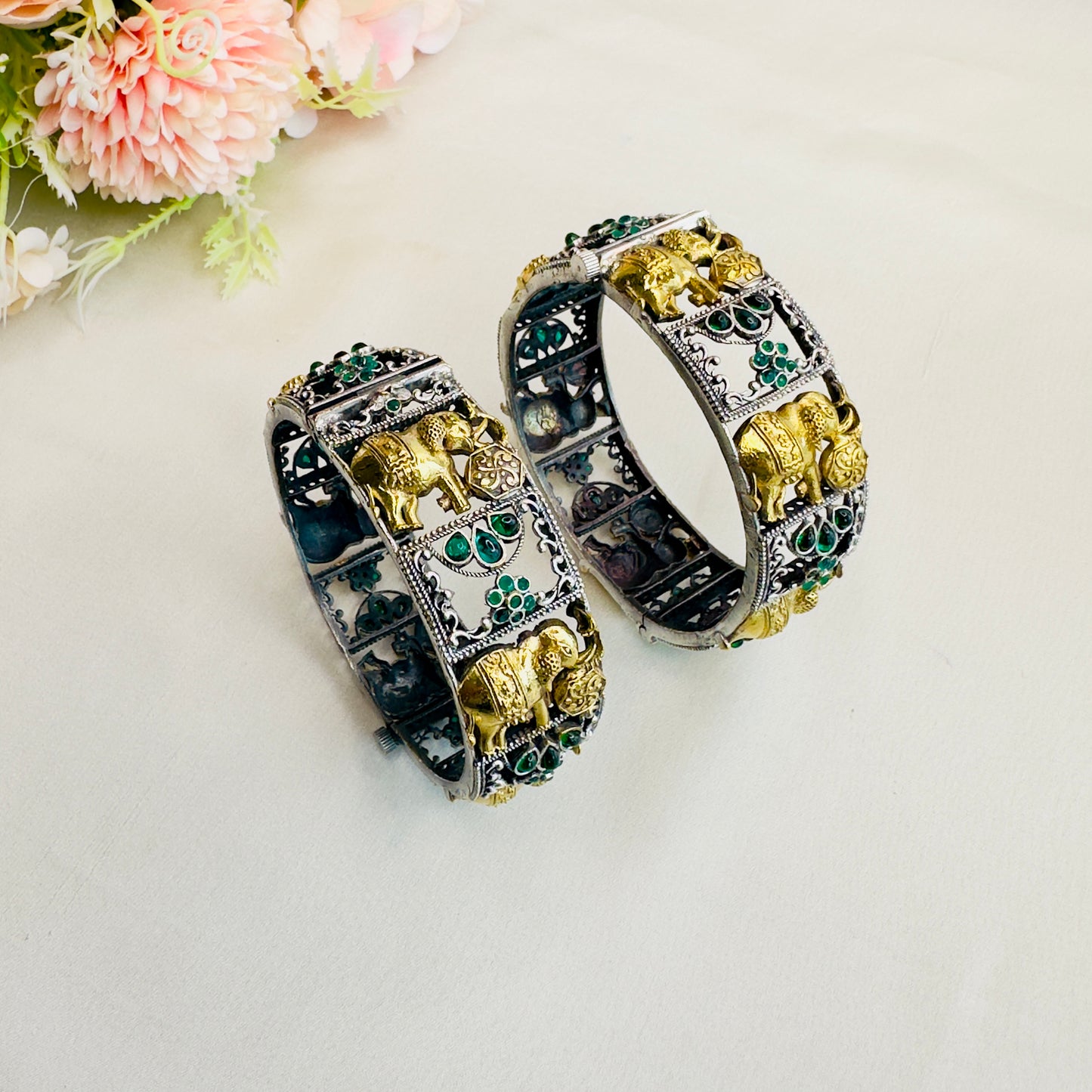 Elephant Motif Silver Replica Bangles