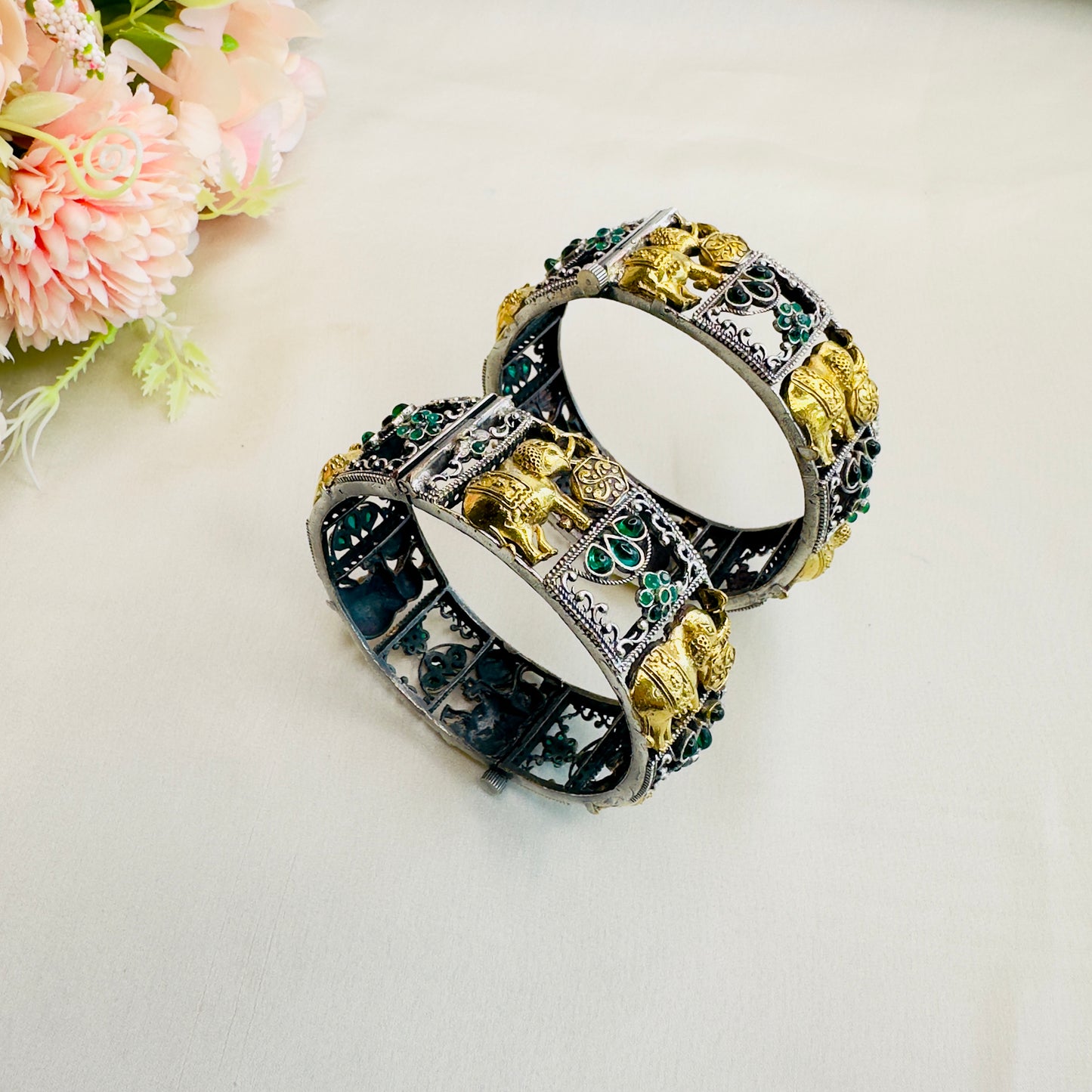 Elephant Motif Silver Replica Bangles