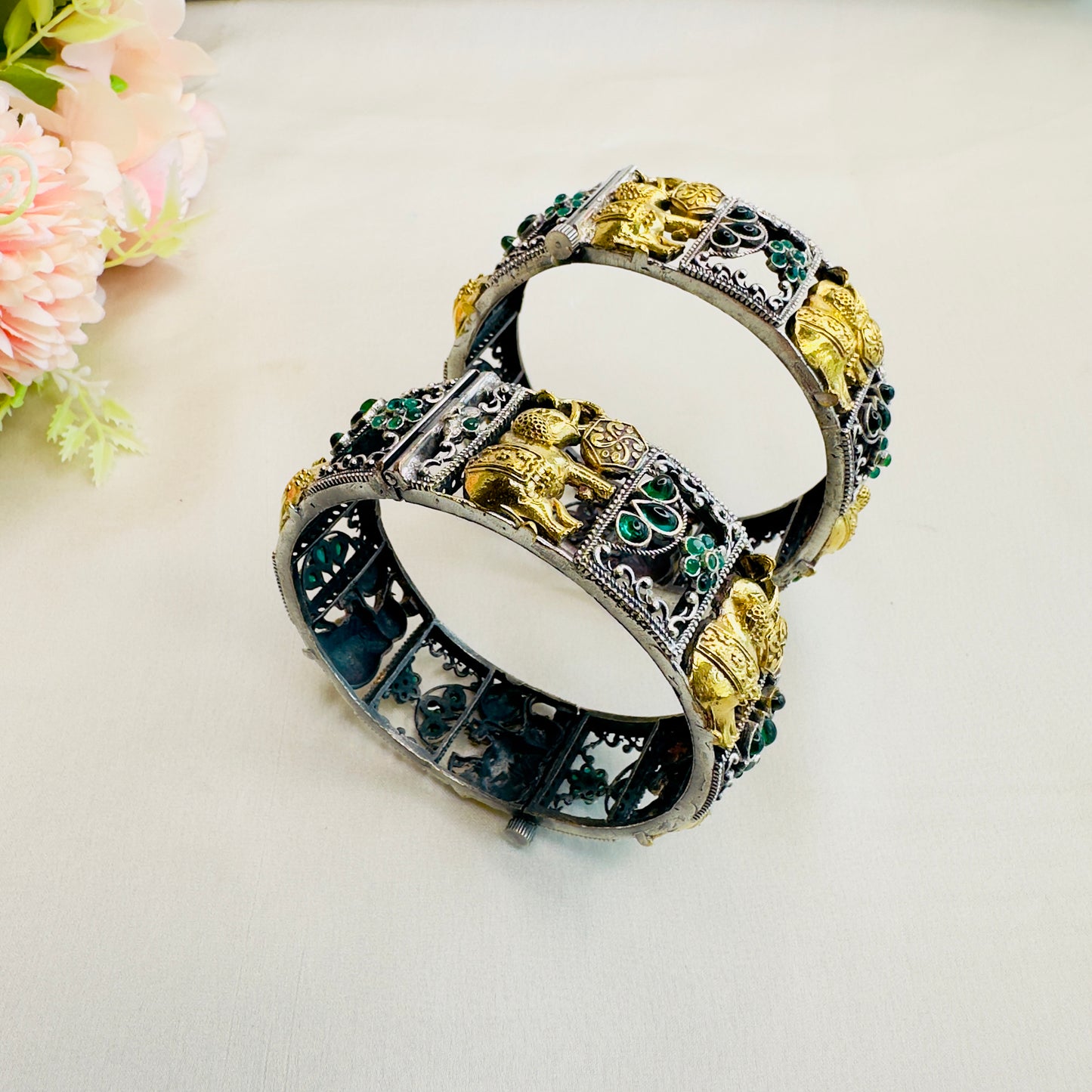 Elephant Motif Silver Replica Bangles