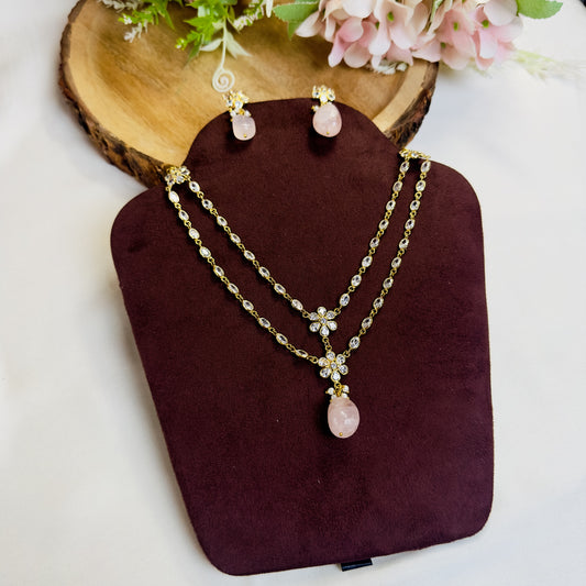 Sleek Polki with Rose Quartz Necklace Set