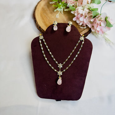 Sleek Polki with Rose Quartz Necklace Set