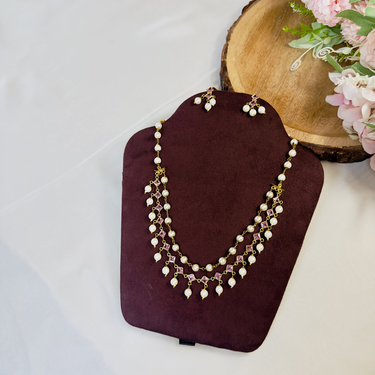 Pink Polki Pearl Necklace Set