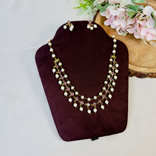 Pink Polki Pearl Necklace Set