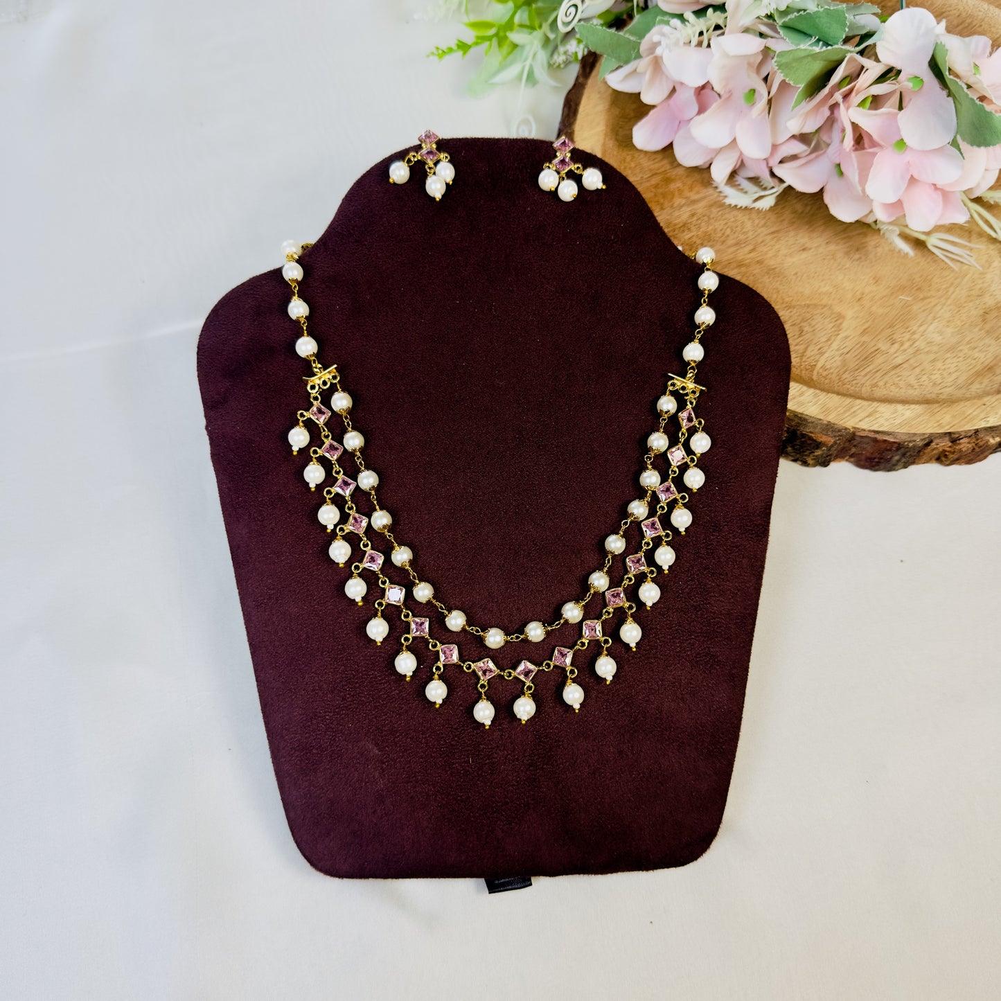 Pink Polki Pearl Necklace Set