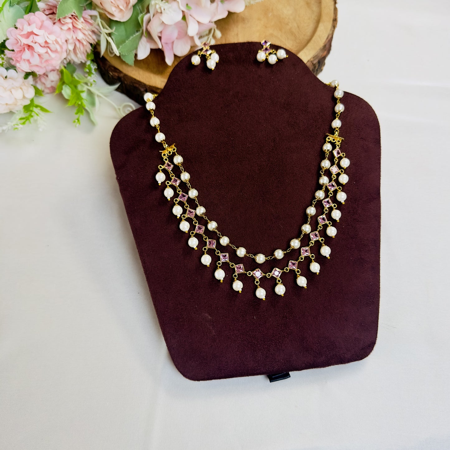Pink Polki Pearl Necklace Set