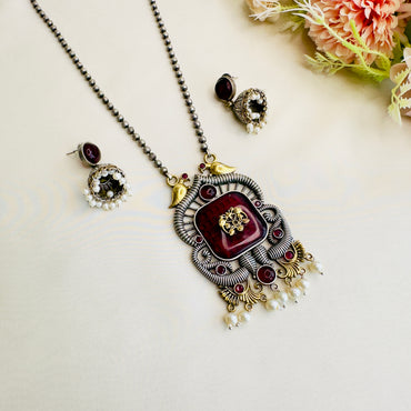 Long Monalisa Stone Silver Necklace Set