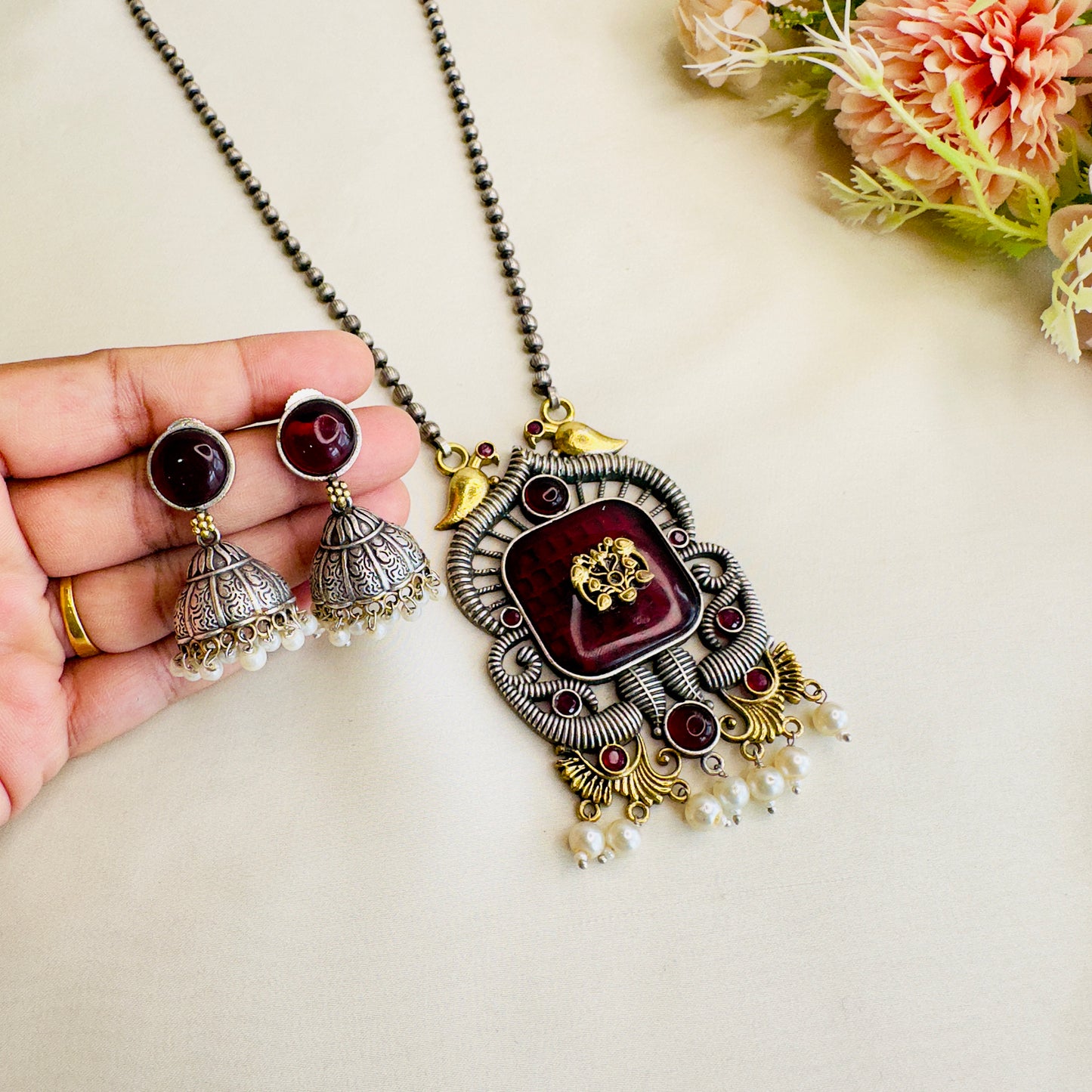 Long Monalisa Stone Silver Necklace Set