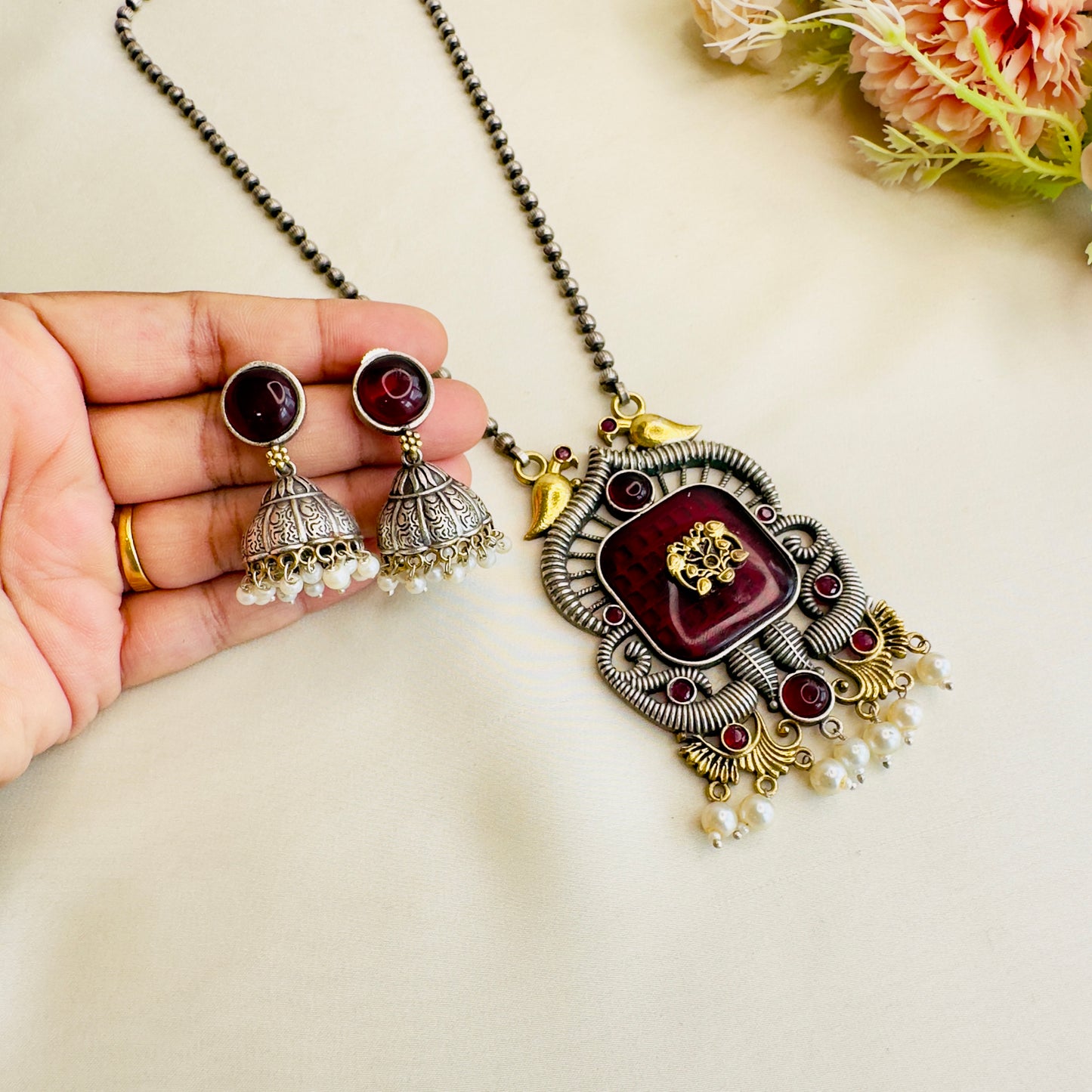 Long Monalisa Stone Silver Necklace Set