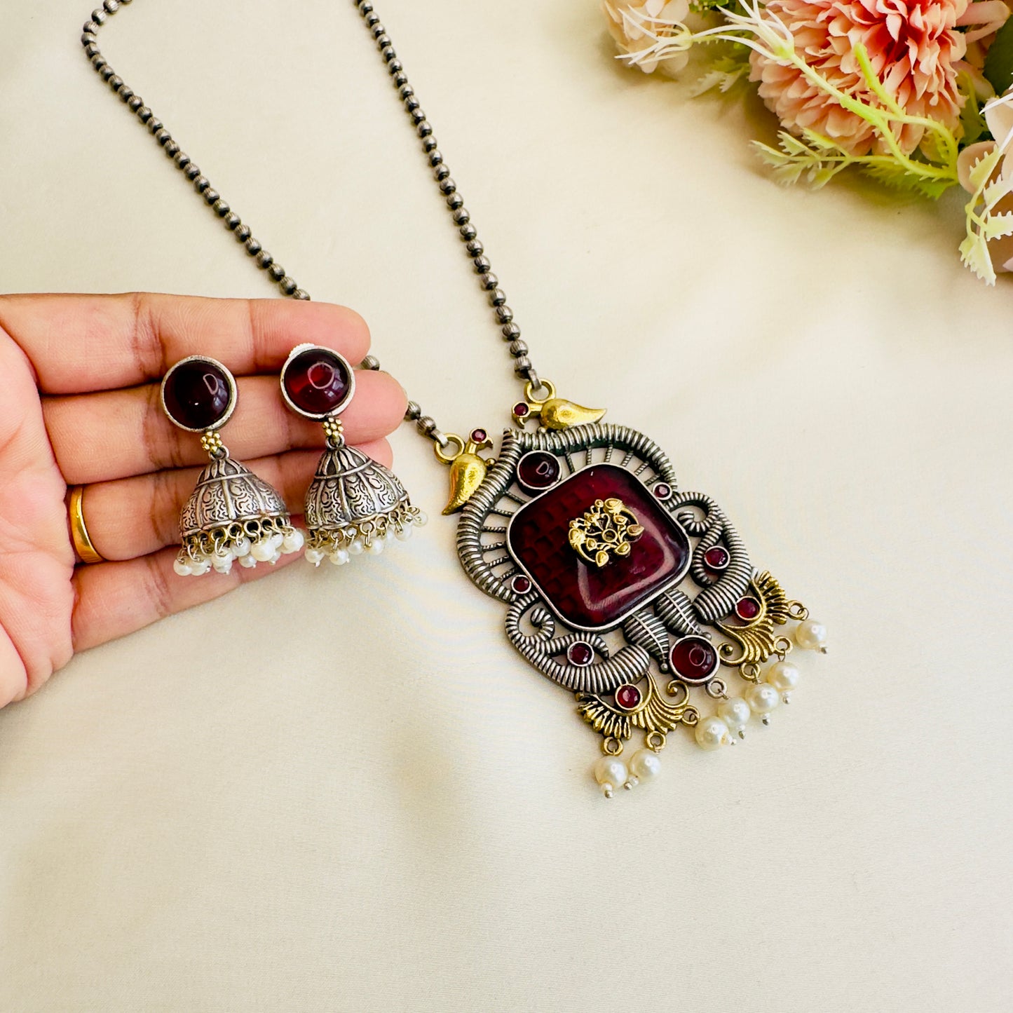 Long Monalisa Stone Silver Necklace Set