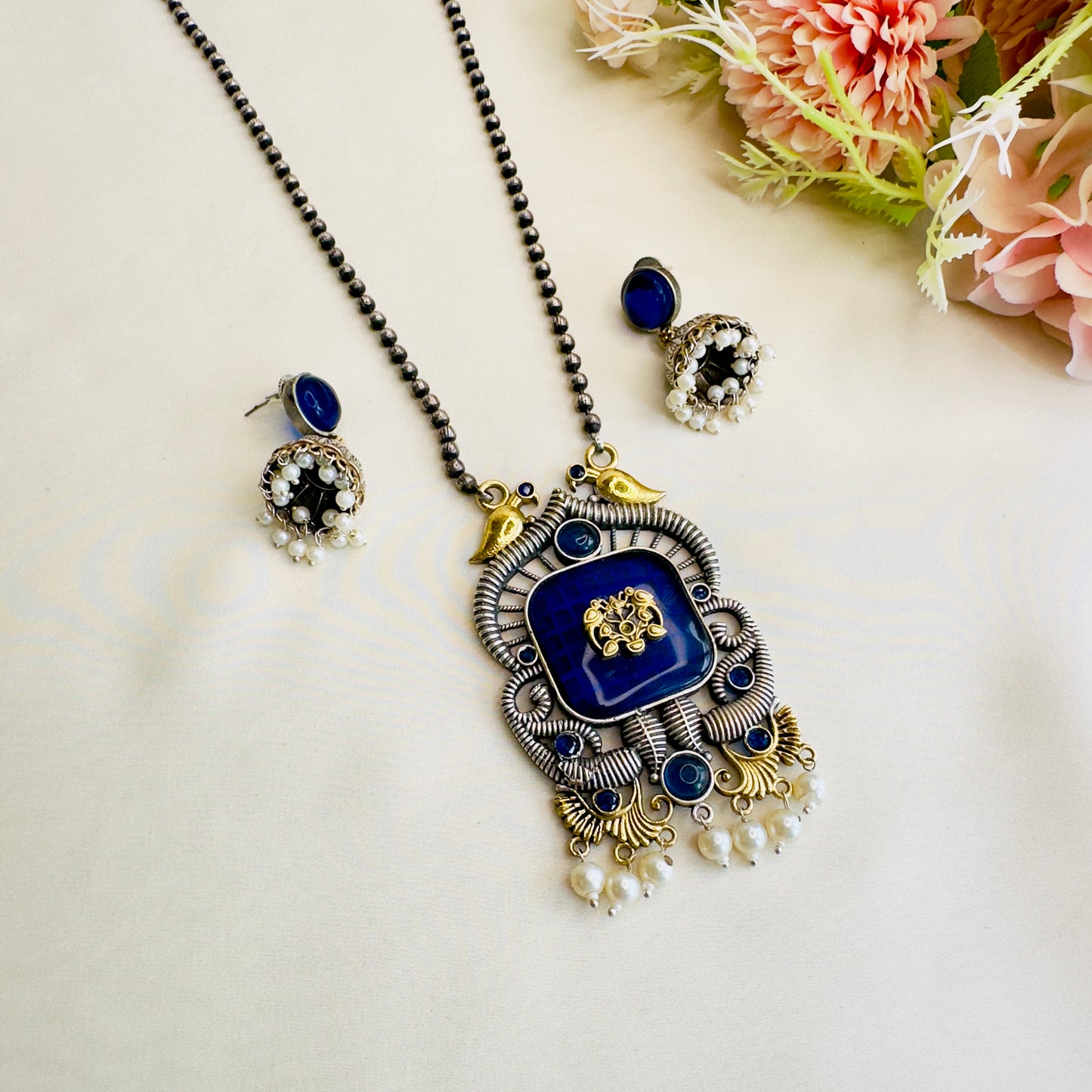 Long Monalisa Stone Silver Necklace Set