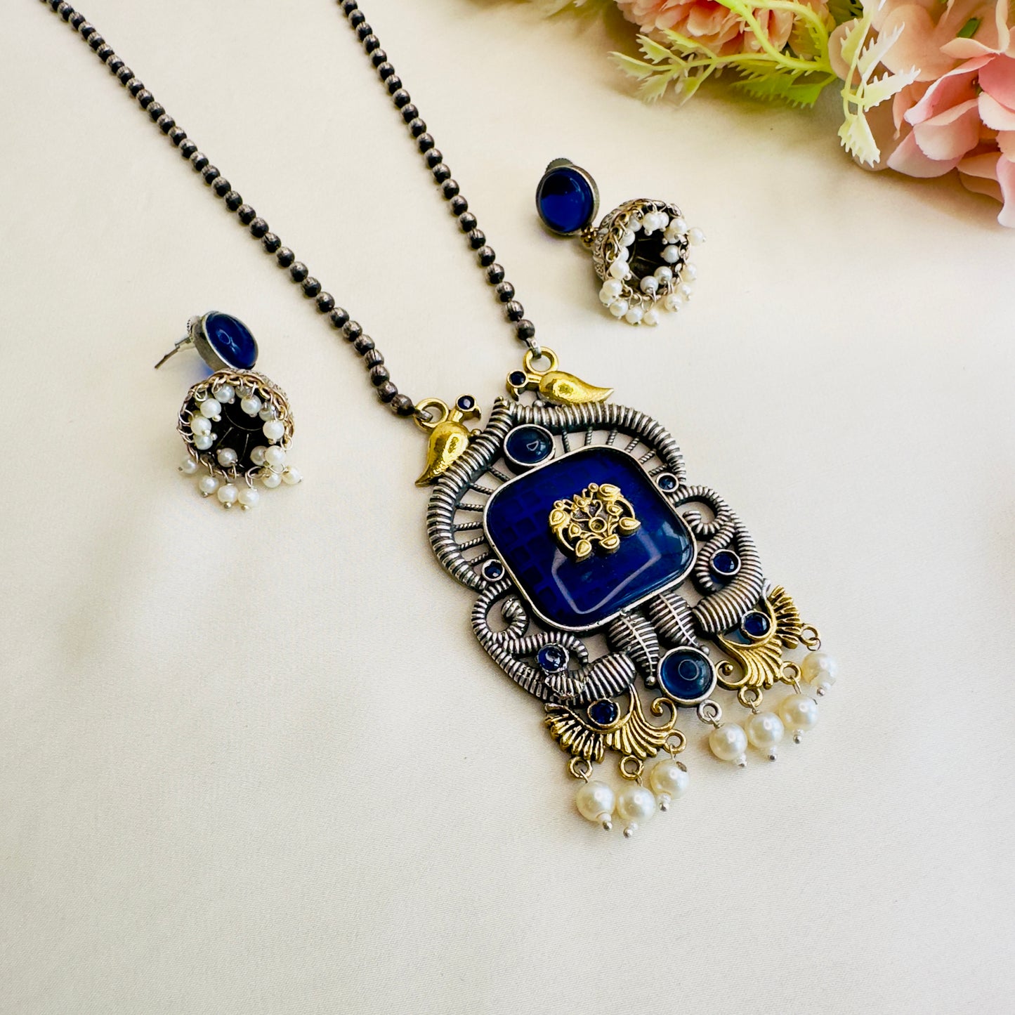 Long Monalisa Stone Silver Necklace Set