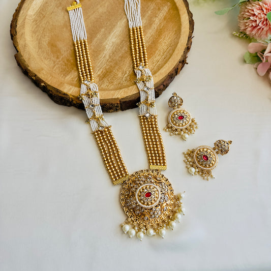 Golden White Long Rajwadi Necklace Set