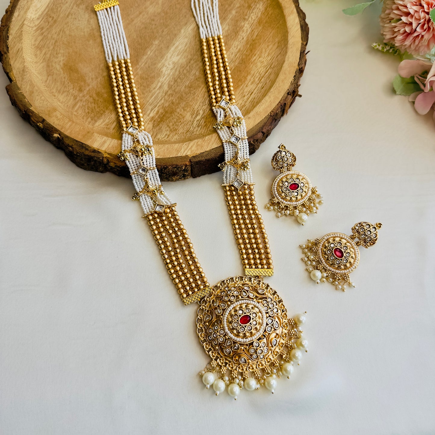 Golden White Long Rajwadi Necklace Set
