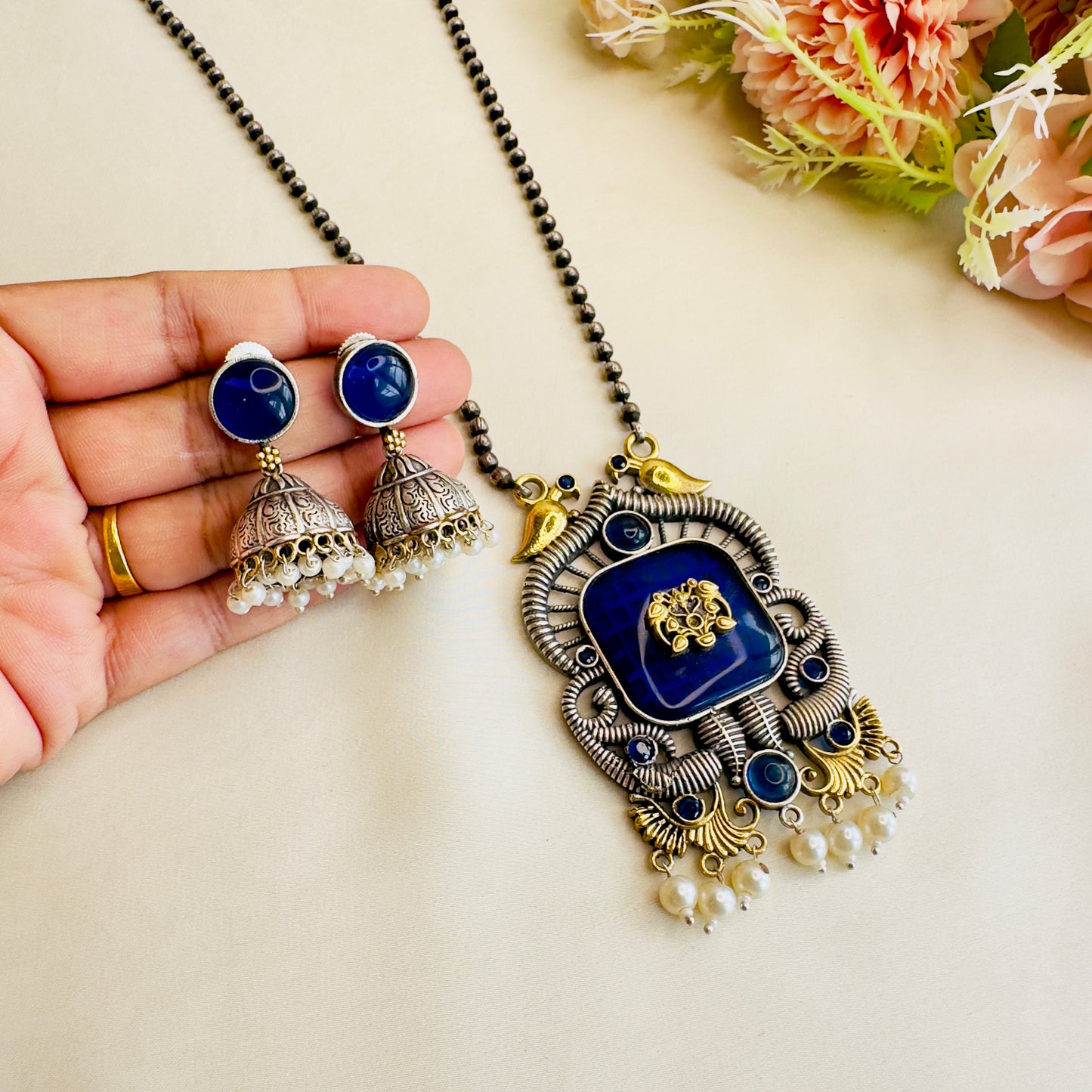Long Monalisa Stone Silver Necklace Set