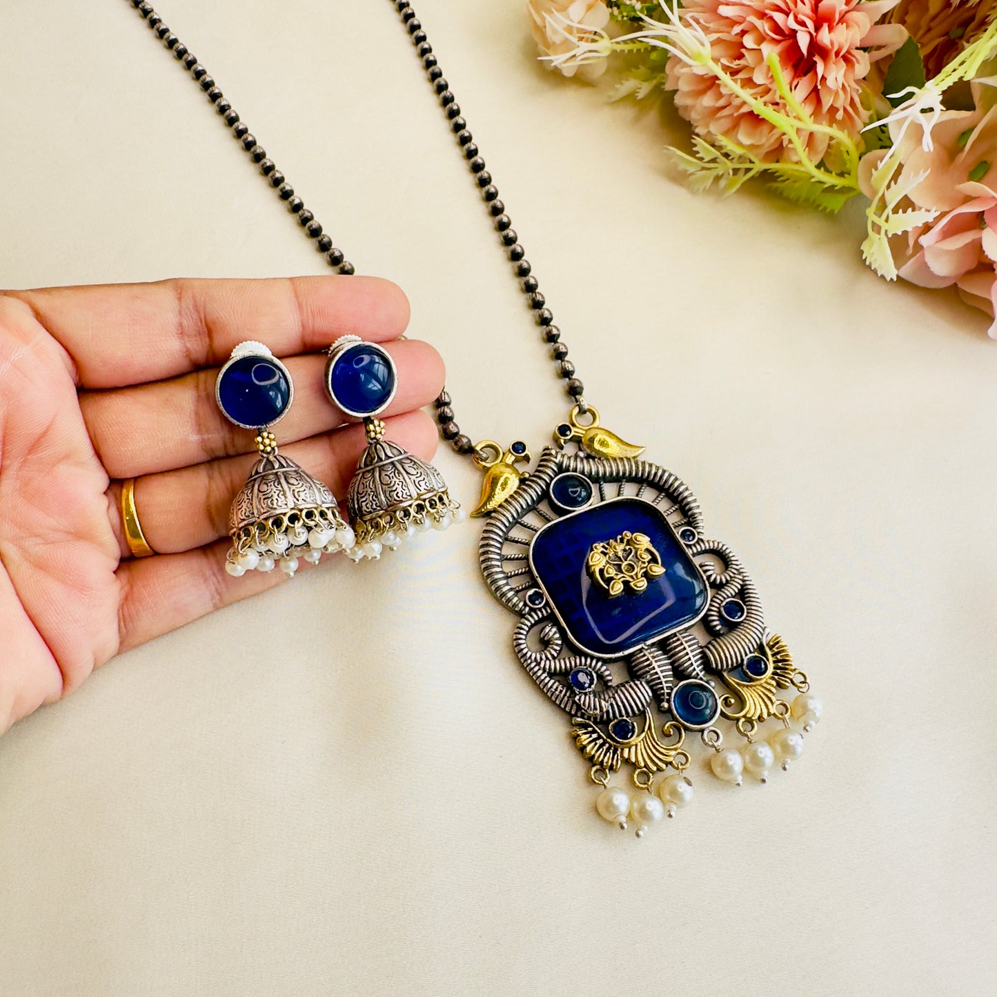 Long Monalisa Stone Silver Necklace Set