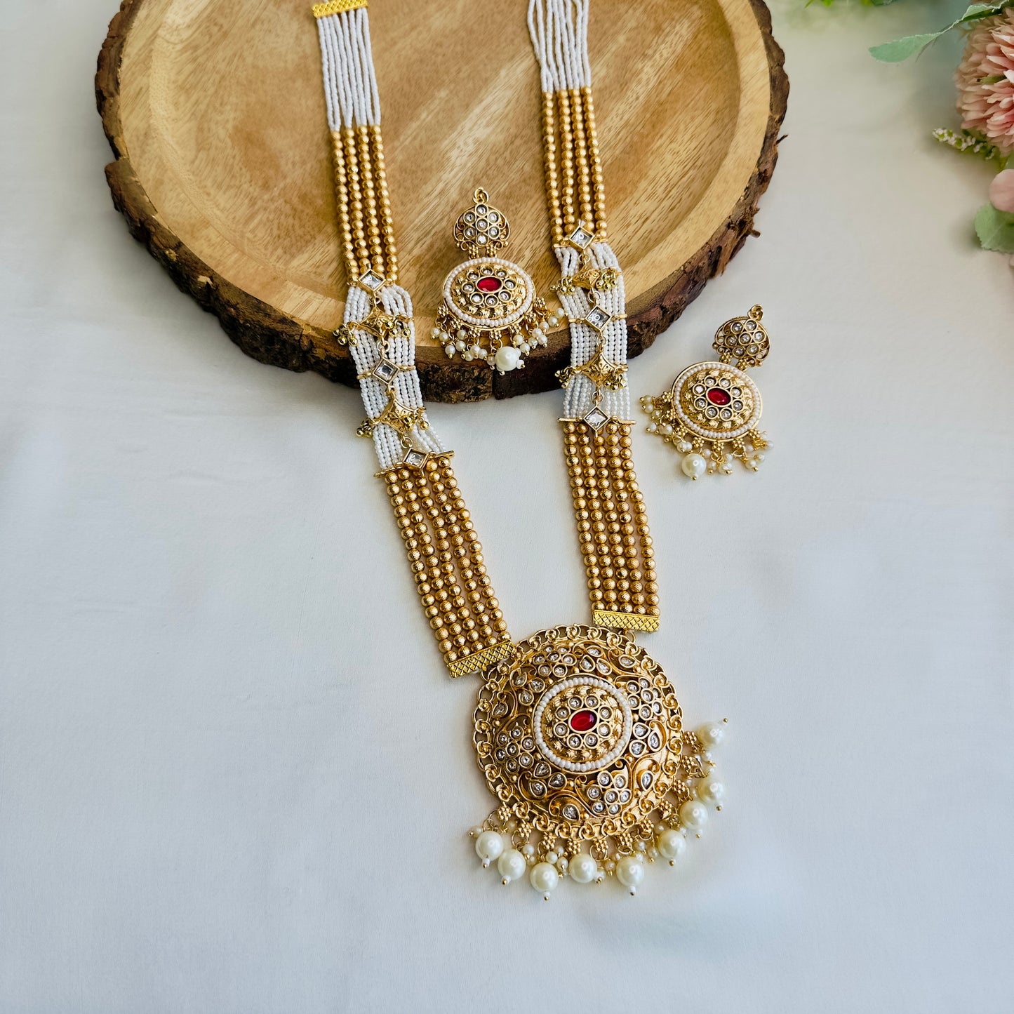 Golden White Long Rajwadi Necklace Set
