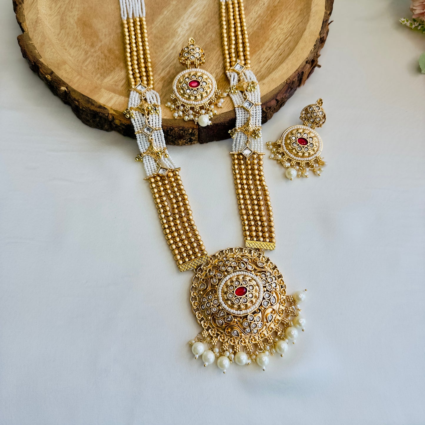 Golden White Long Rajwadi Necklace Set