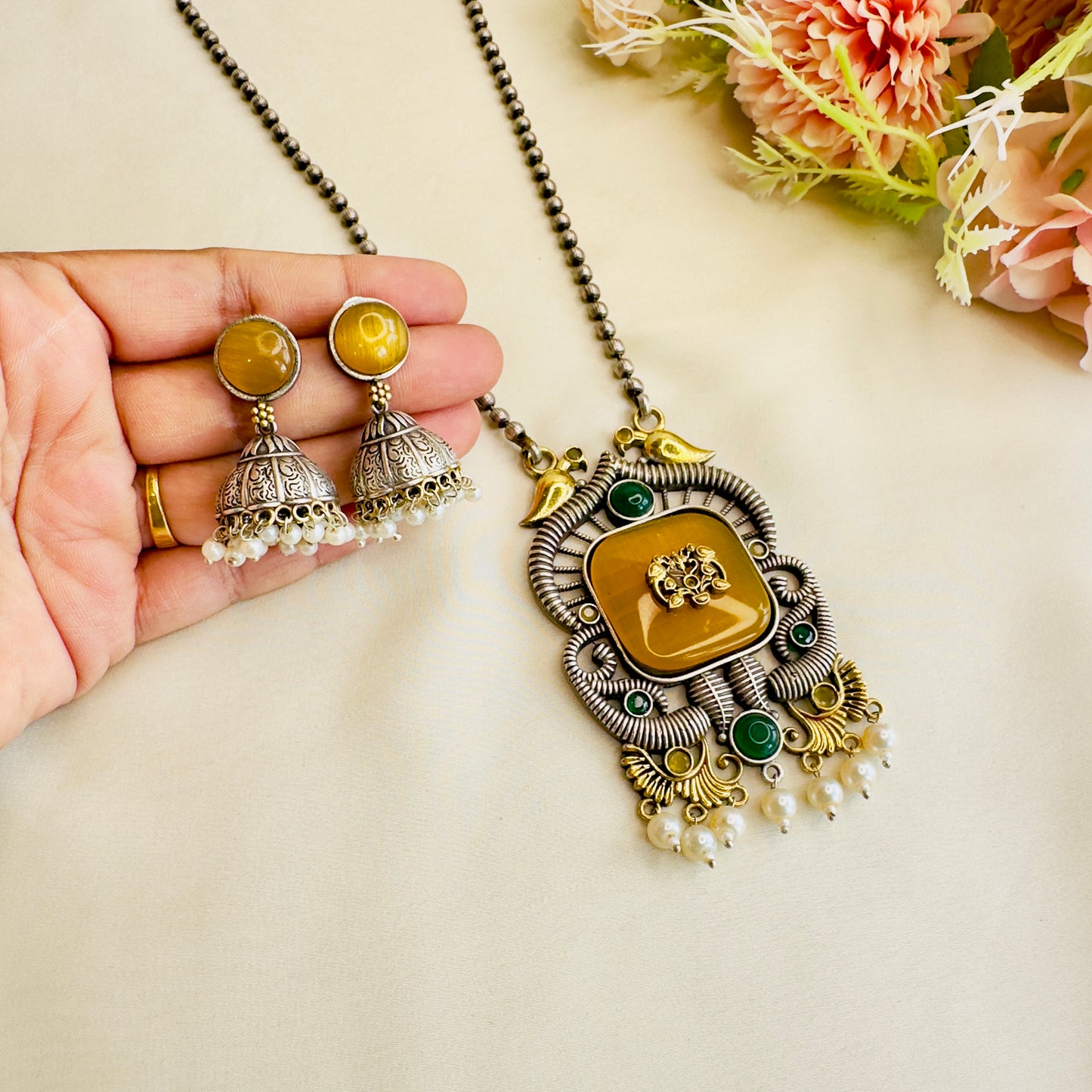 Long Monalisa Stone Silver Necklace Set