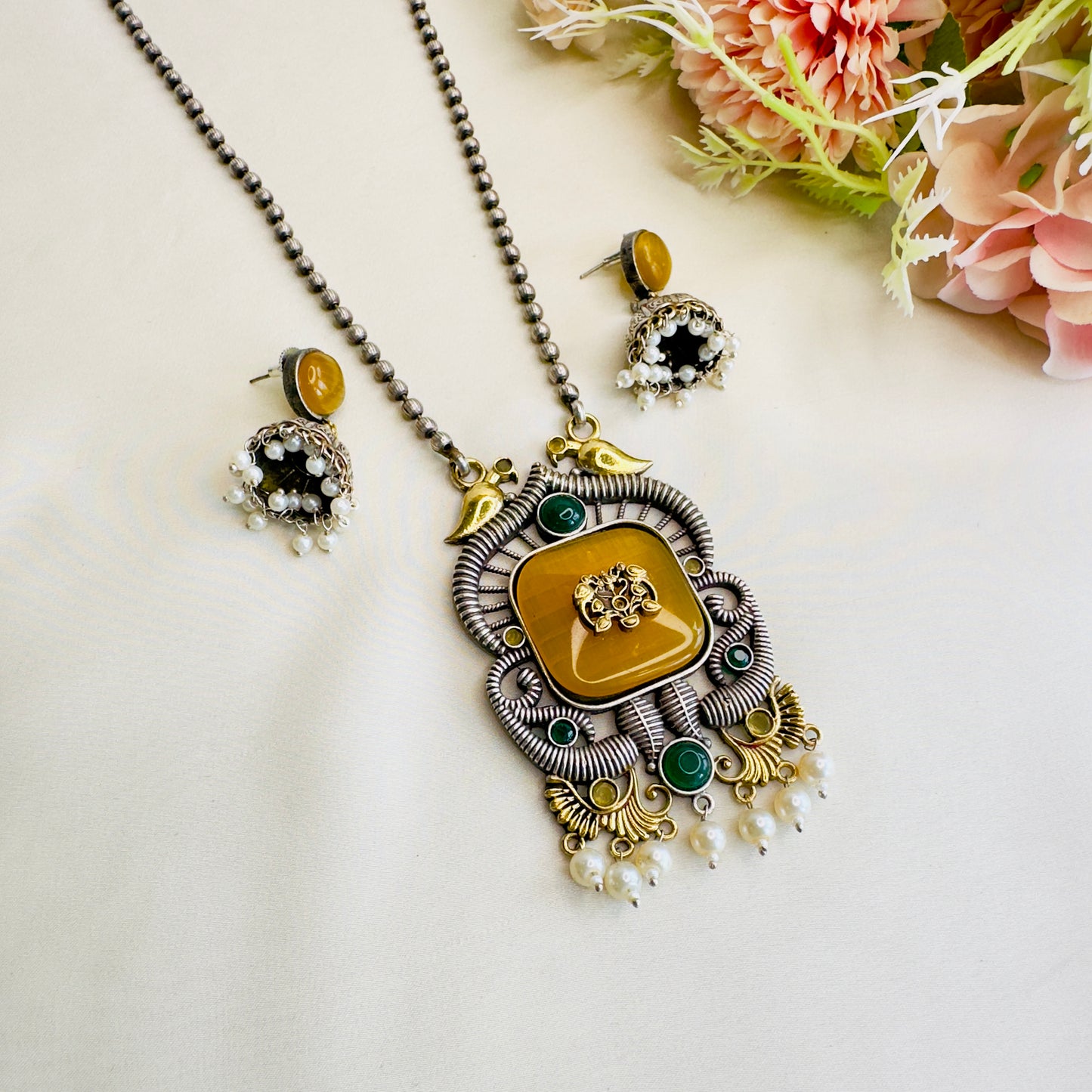 Long Monalisa Stone Silver Necklace Set