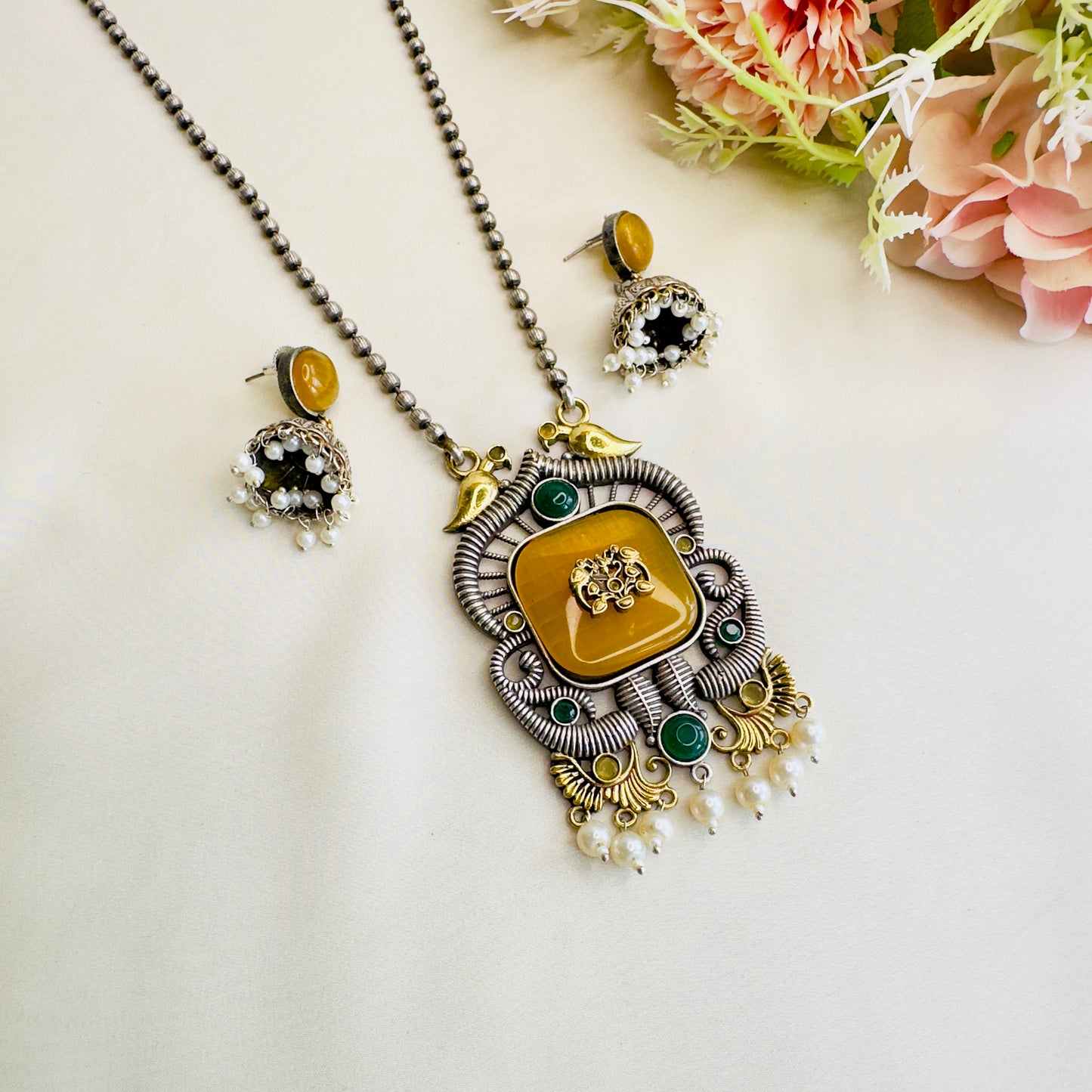Long Monalisa Stone Silver Necklace Set