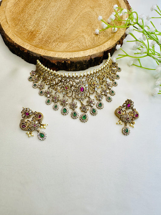 Antique Gold Polish AD Stone Choker Set