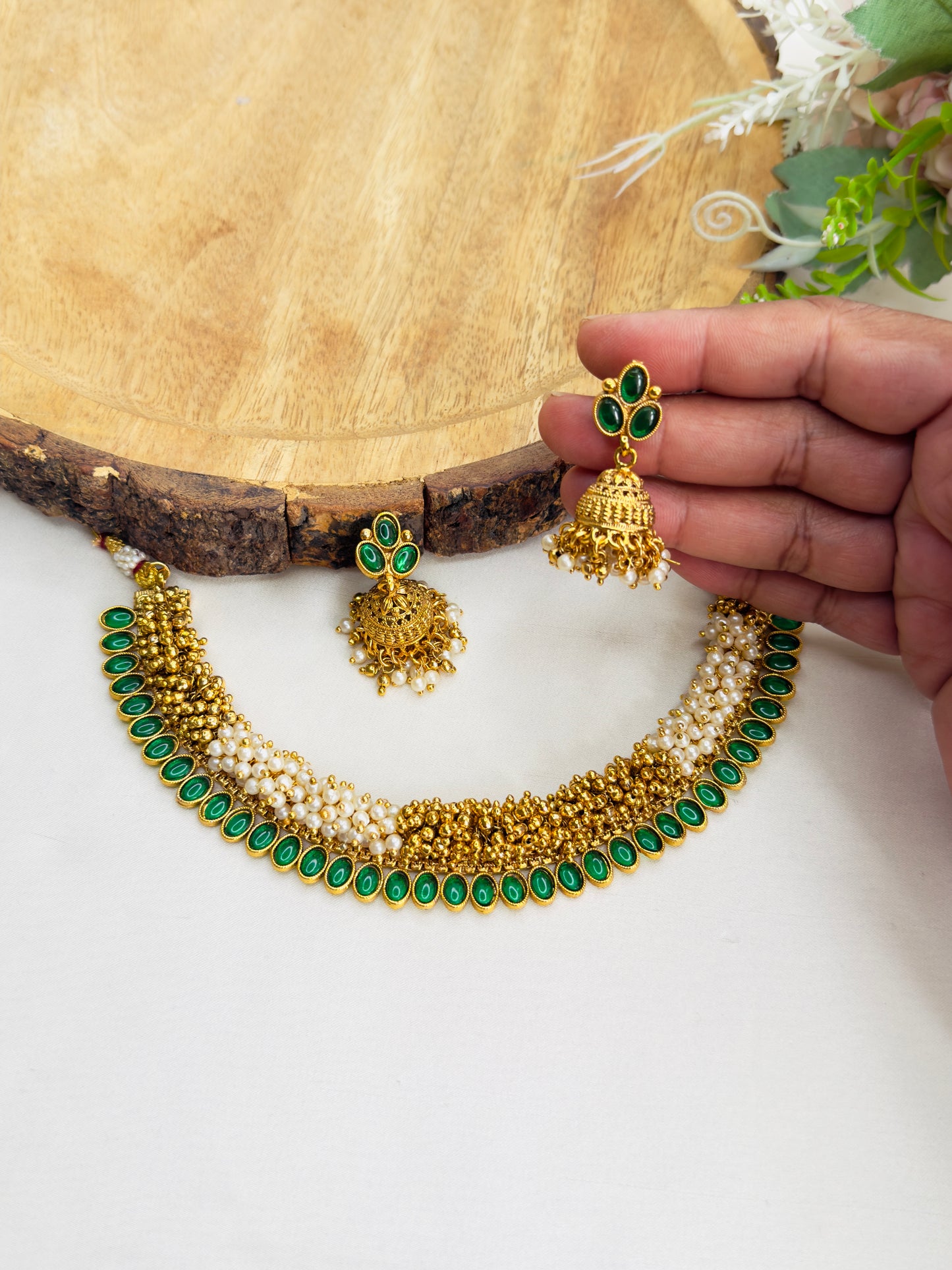 Golden Pearl Work Necklace Set