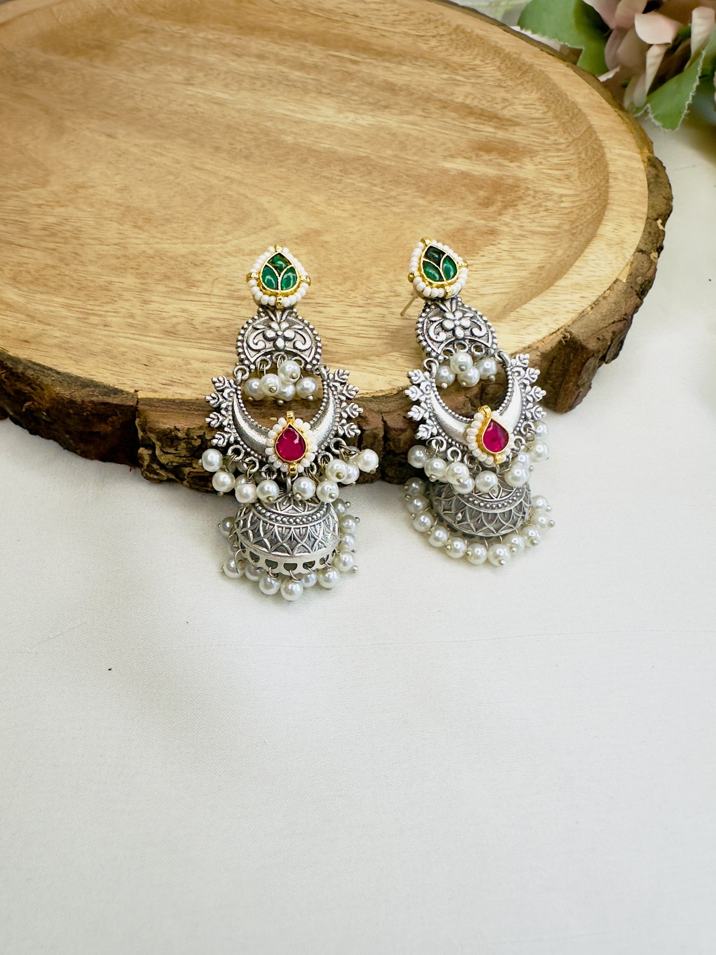 Pachi Kundan Silver Replica Mid Length Jhumka