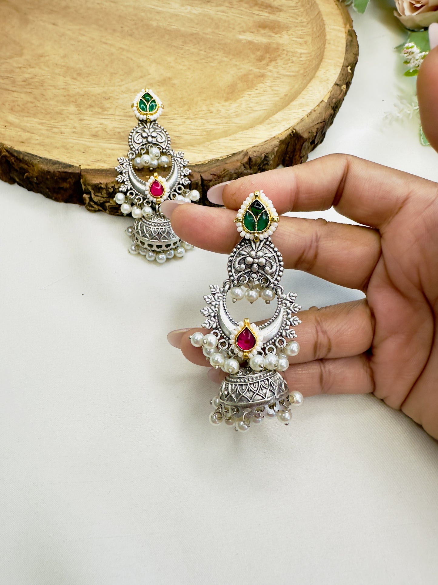 Pachi Kundan Silver Replica Mid Length Jhumka
