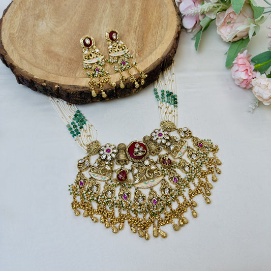 Multicolor Big Size Pendant Rajwadi Necklace Set