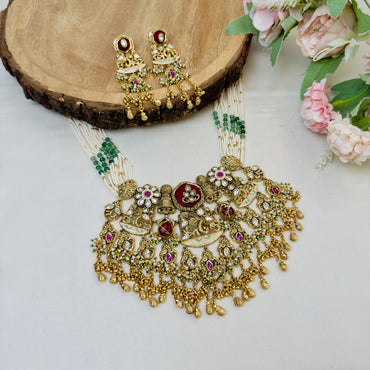 Multicolor Big Size Pendant Rajwadi Necklace Set