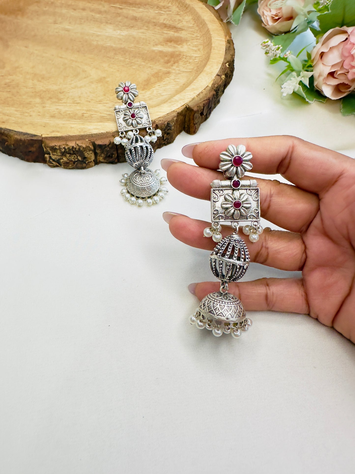 Sleek Long Silver Replica Jhumka Earrings