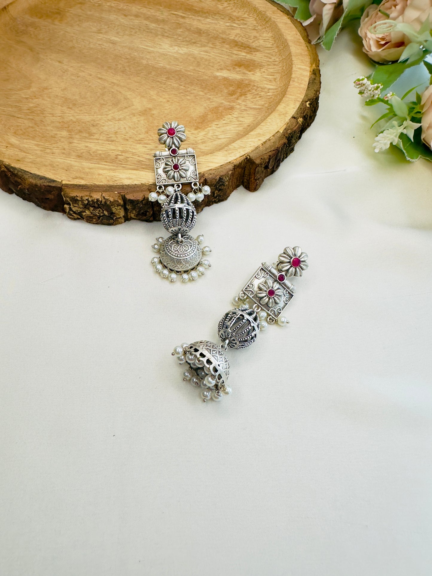 Sleek Long Silver Replica Jhumka Earrings