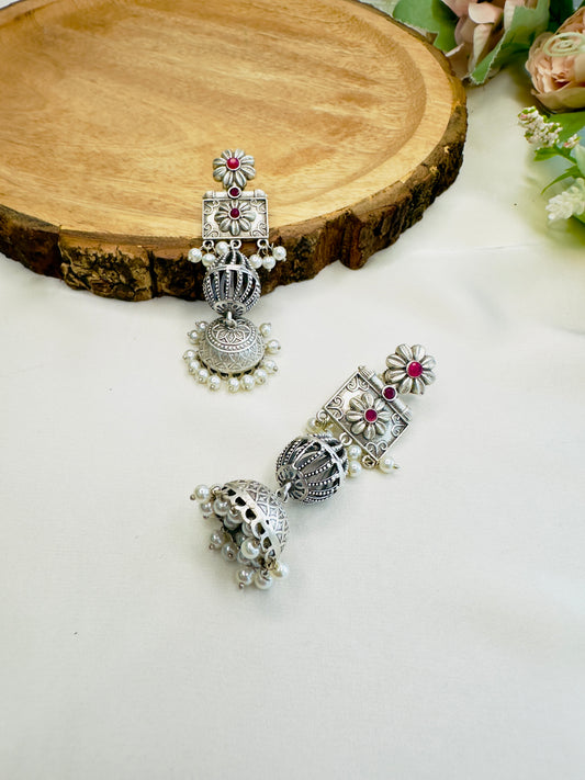 Sleek Long Silver Replica Jhumka Earrings