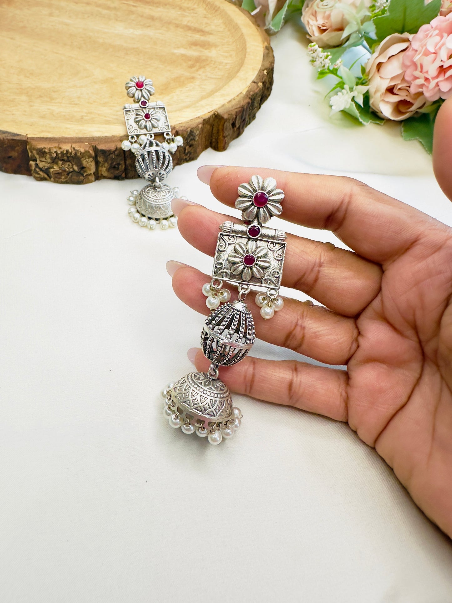 Sleek Long Silver Replica Jhumka Earrings