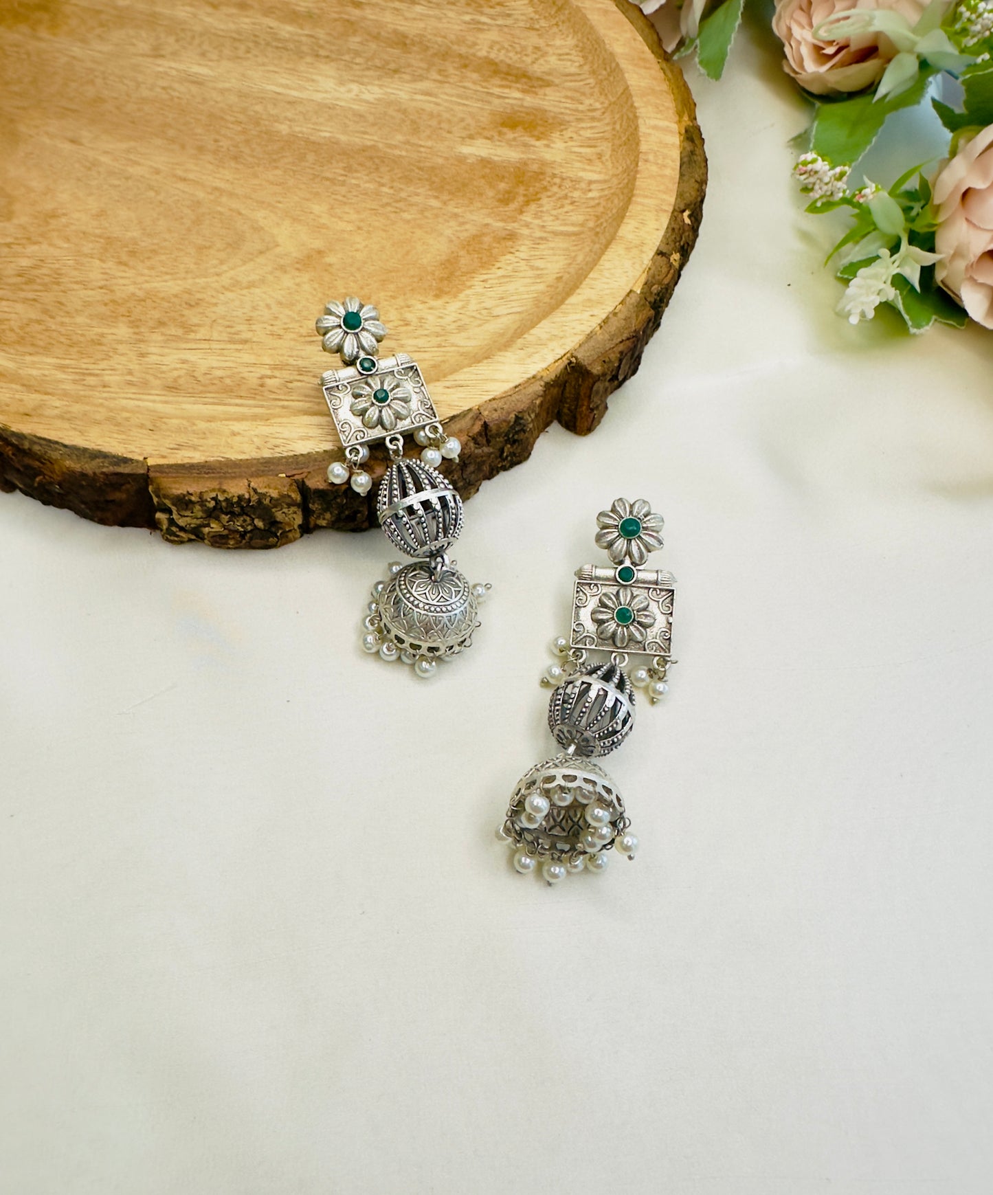 Sleek Long Silver Replica Jhumka Earrings
