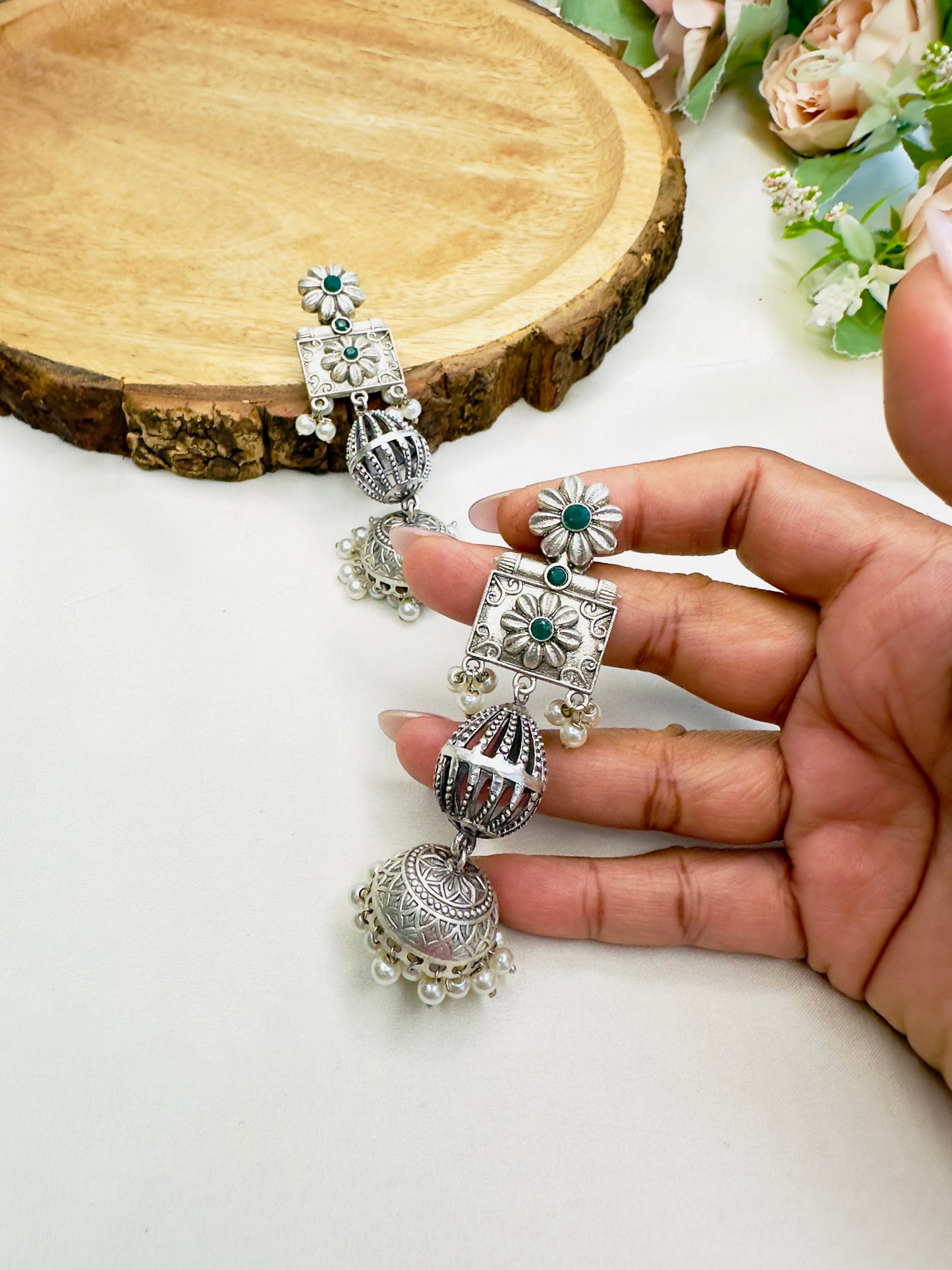 Sleek Long Silver Replica Jhumka Earrings