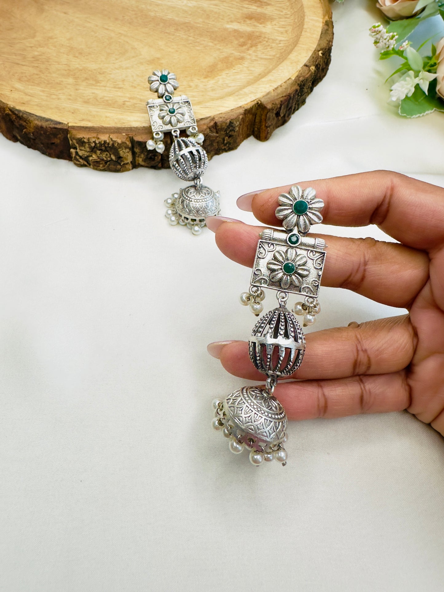 Sleek Long Silver Replica Jhumka Earrings
