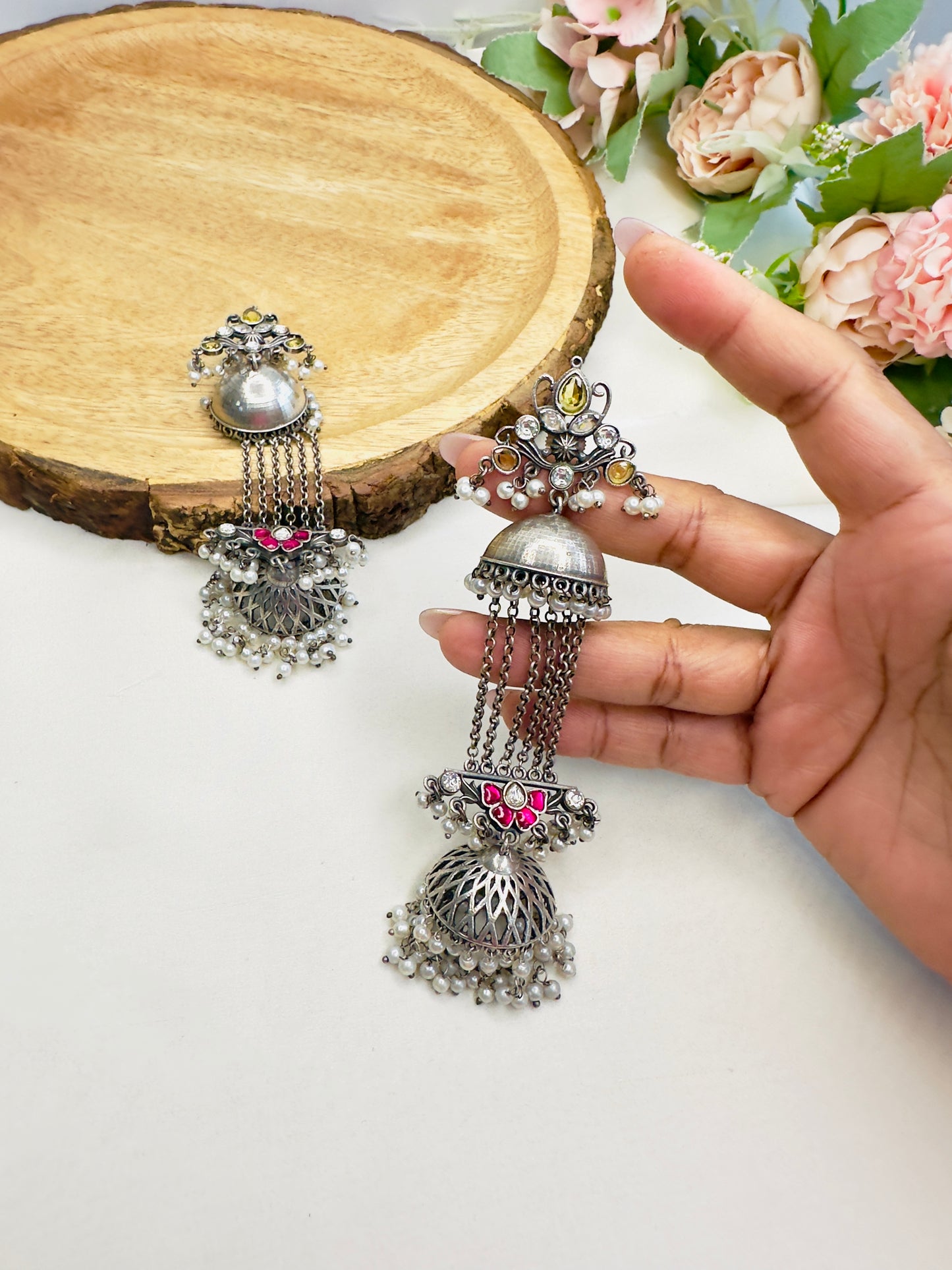 Pachi Kundan Silver Replica Chain Jhumka Earrings