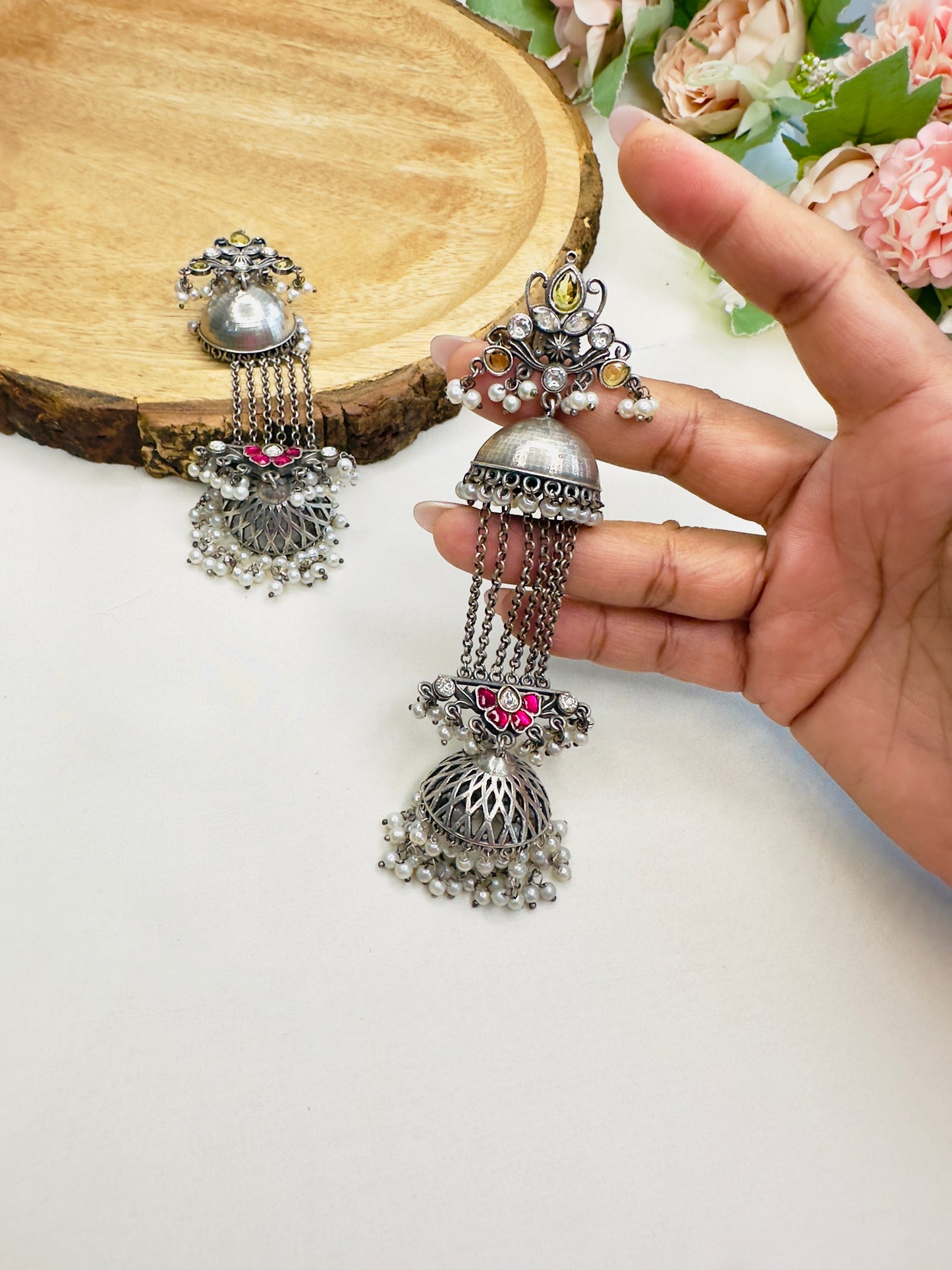 Pachi Kundan Silver Replica Chain Jhumka Earrings