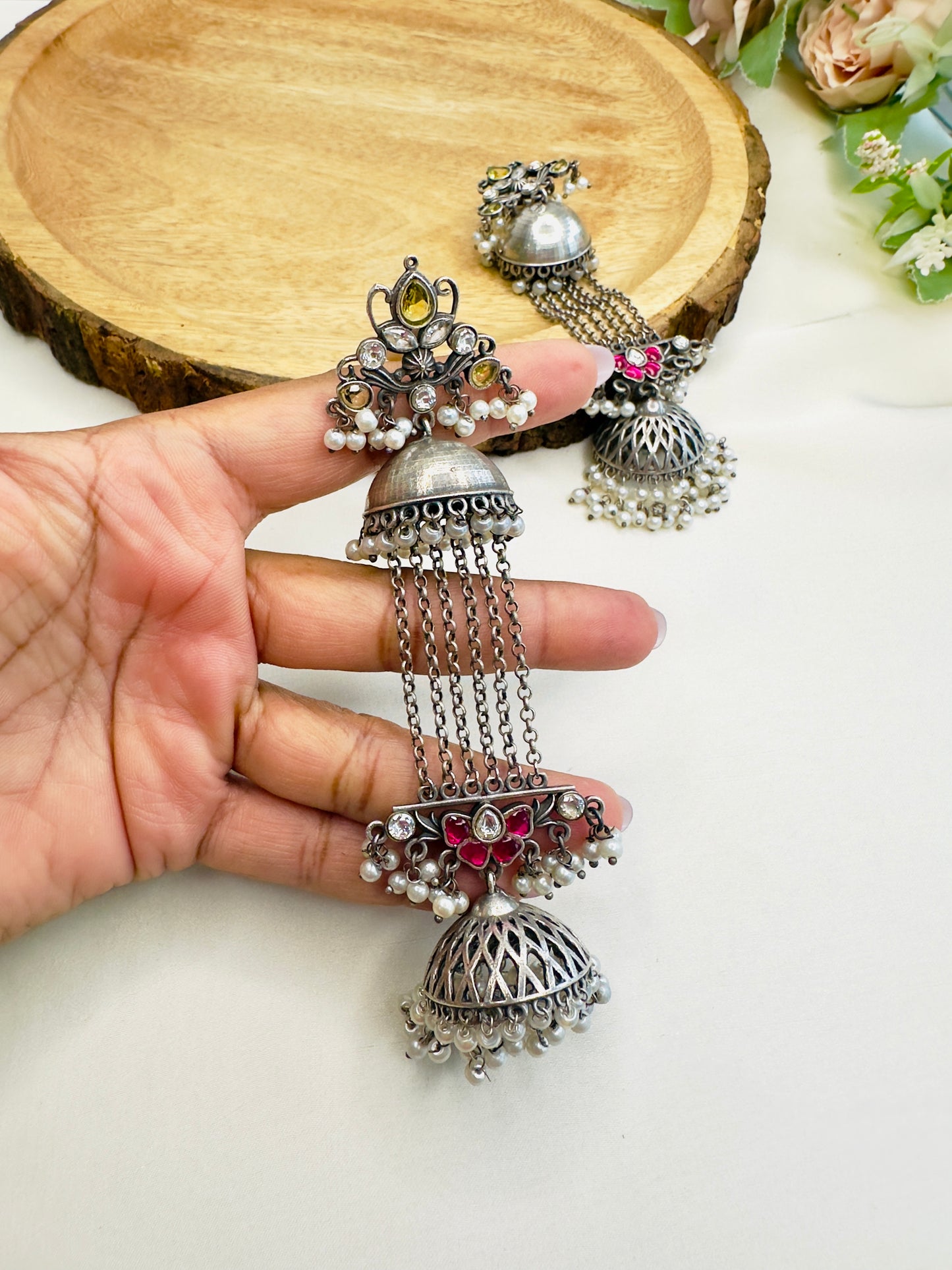 Pachi Kundan Silver Replica Chain Jhumka Earrings