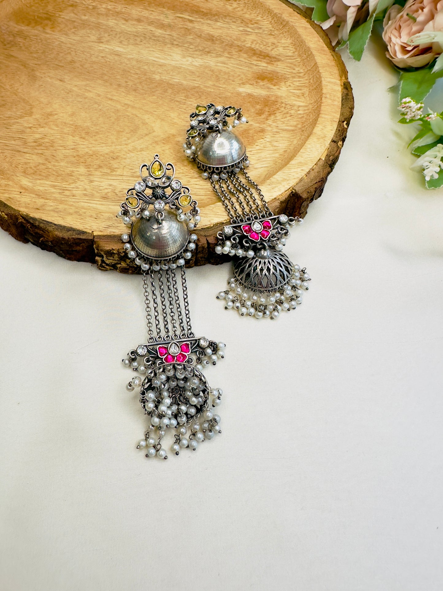Pachi Kundan Silver Replica Chain Jhumka Earrings