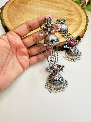 Pachi Kundan Silver Replica Chain Jhumka Earrings