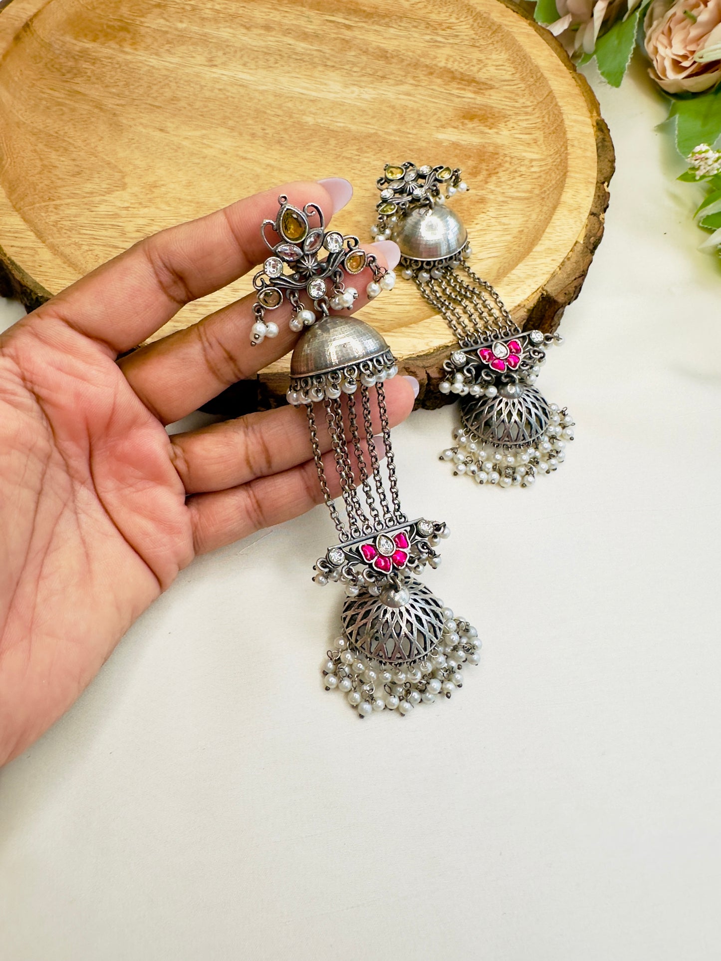 Pachi Kundan Silver Replica Chain Jhumka Earrings