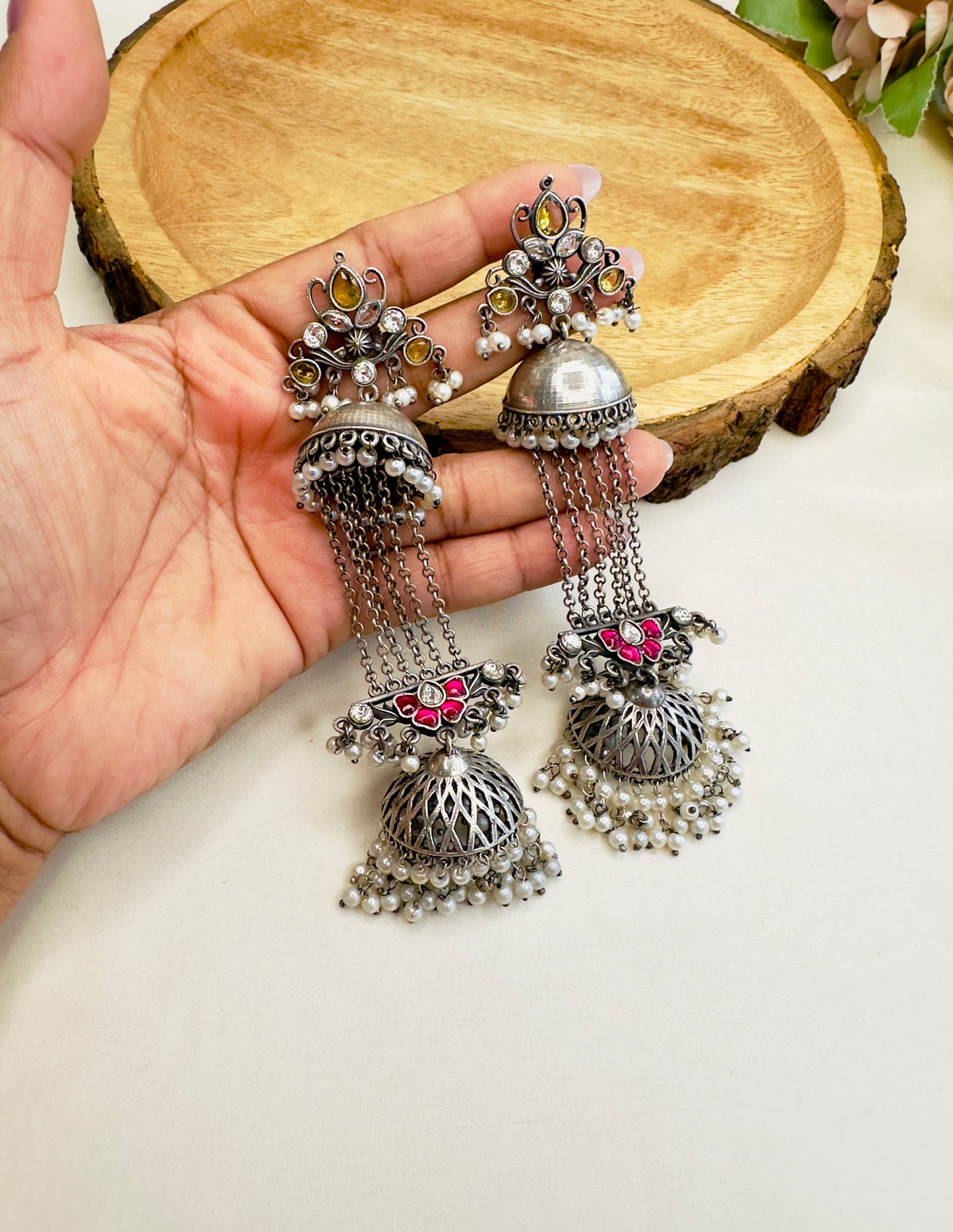 Pachi Kundan Silver Replica Chain Jhumka Earrings