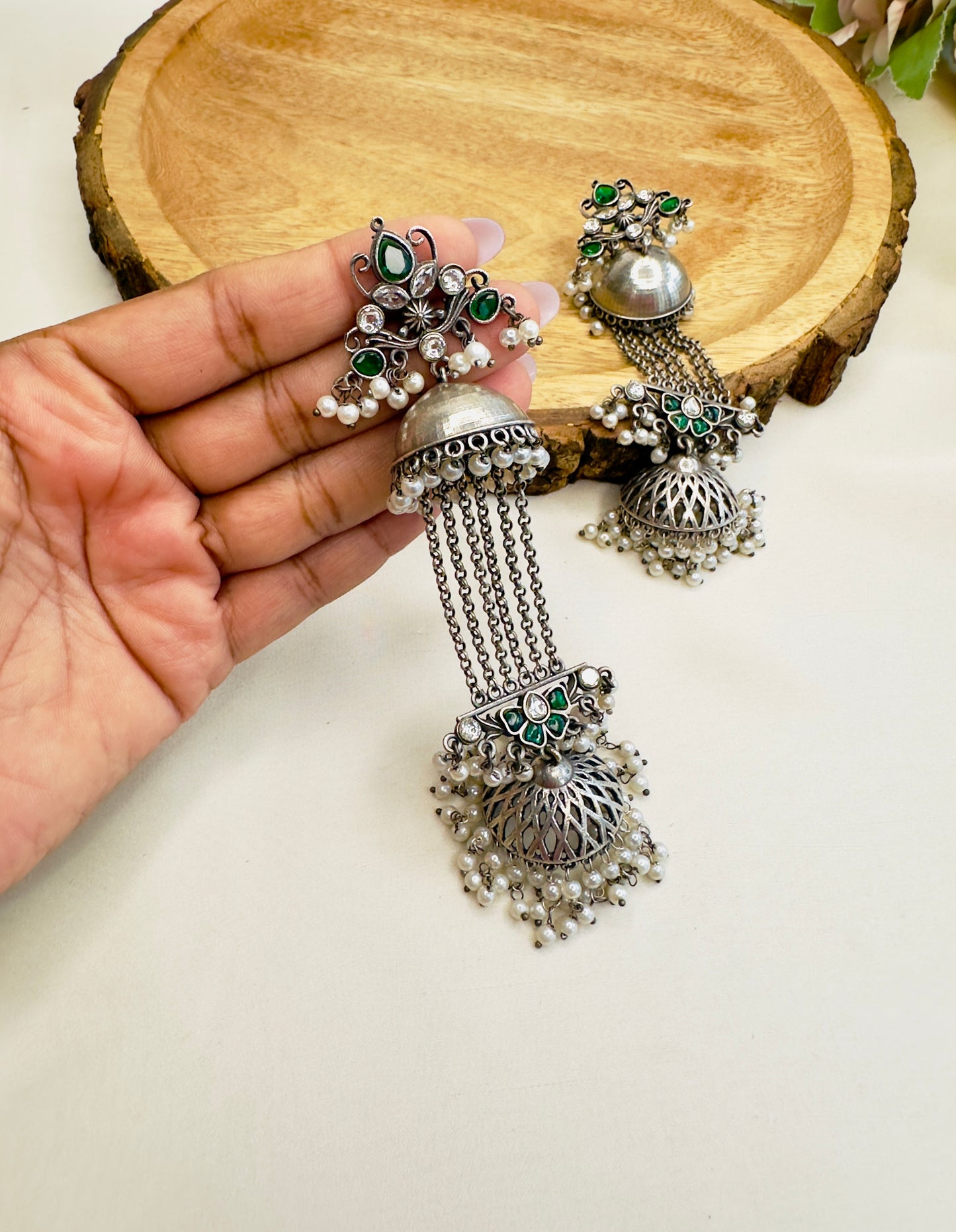 Pachi Kundan Silver Replica Chain Jhumka Earrings