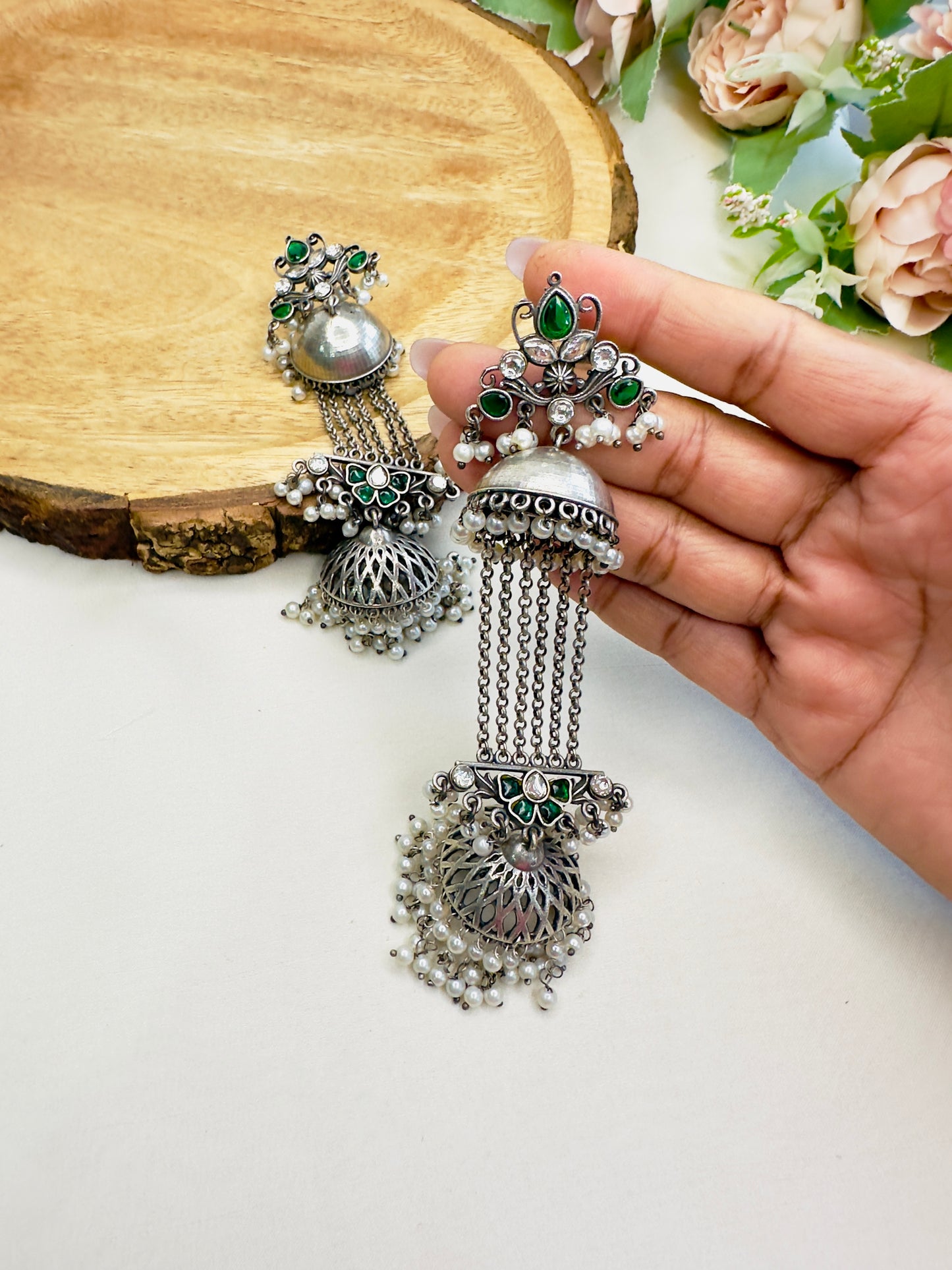 Pachi Kundan Silver Replica Chain Jhumka Earrings