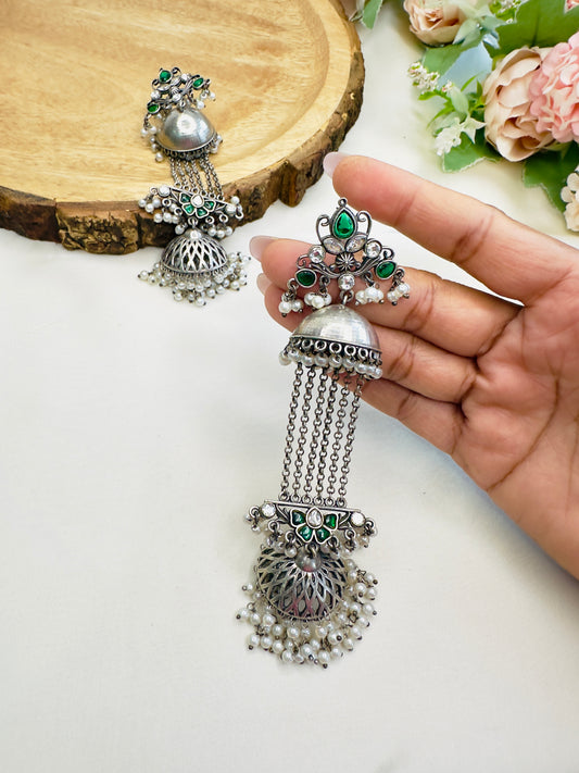 Pachi Kundan Silver Replica Chain Jhumka Earrings